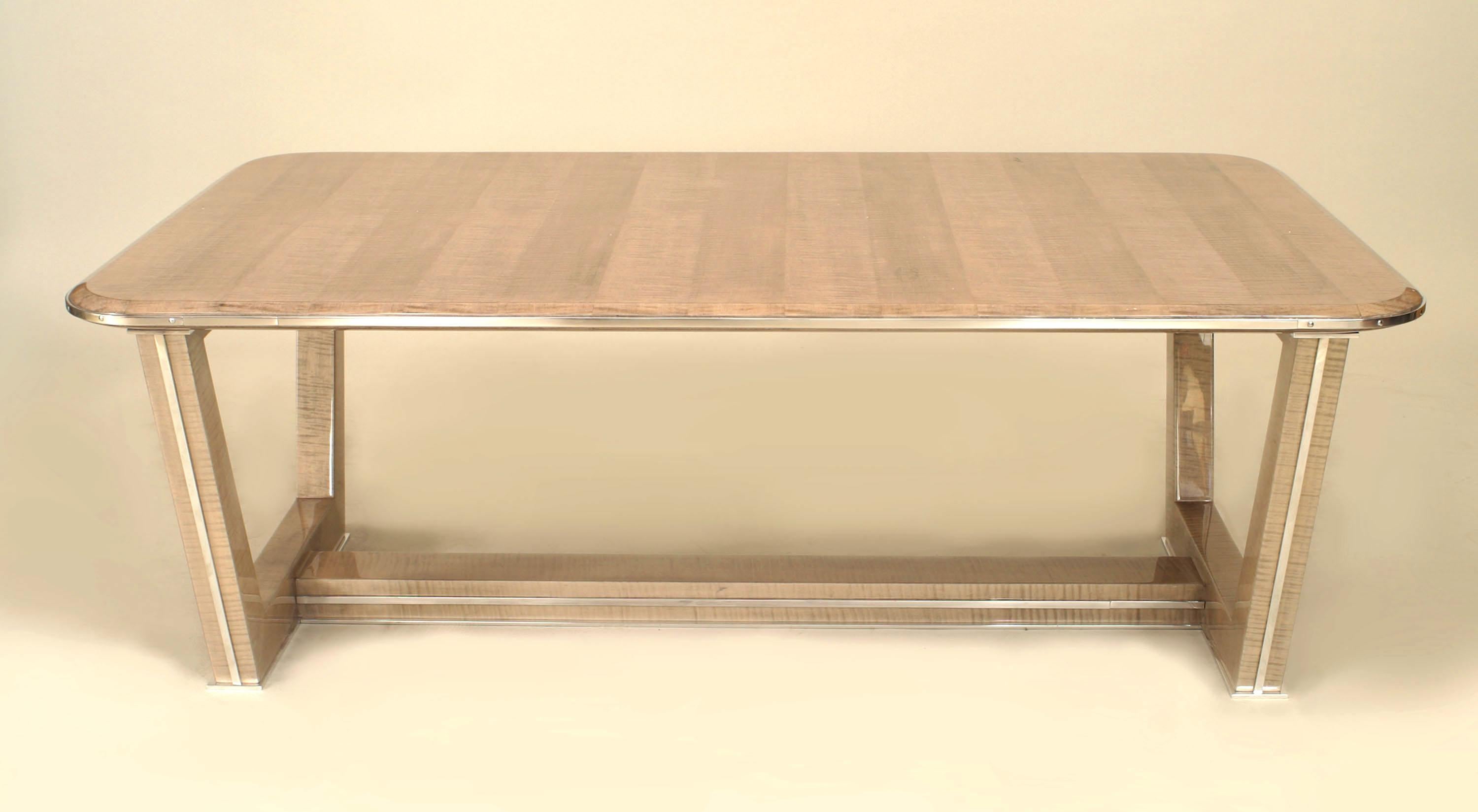 Customizable French 1940s-style (modern) gray makore veneered coffee table with a rounded rectangular top with brass trim, four legs, and stretcher base.
