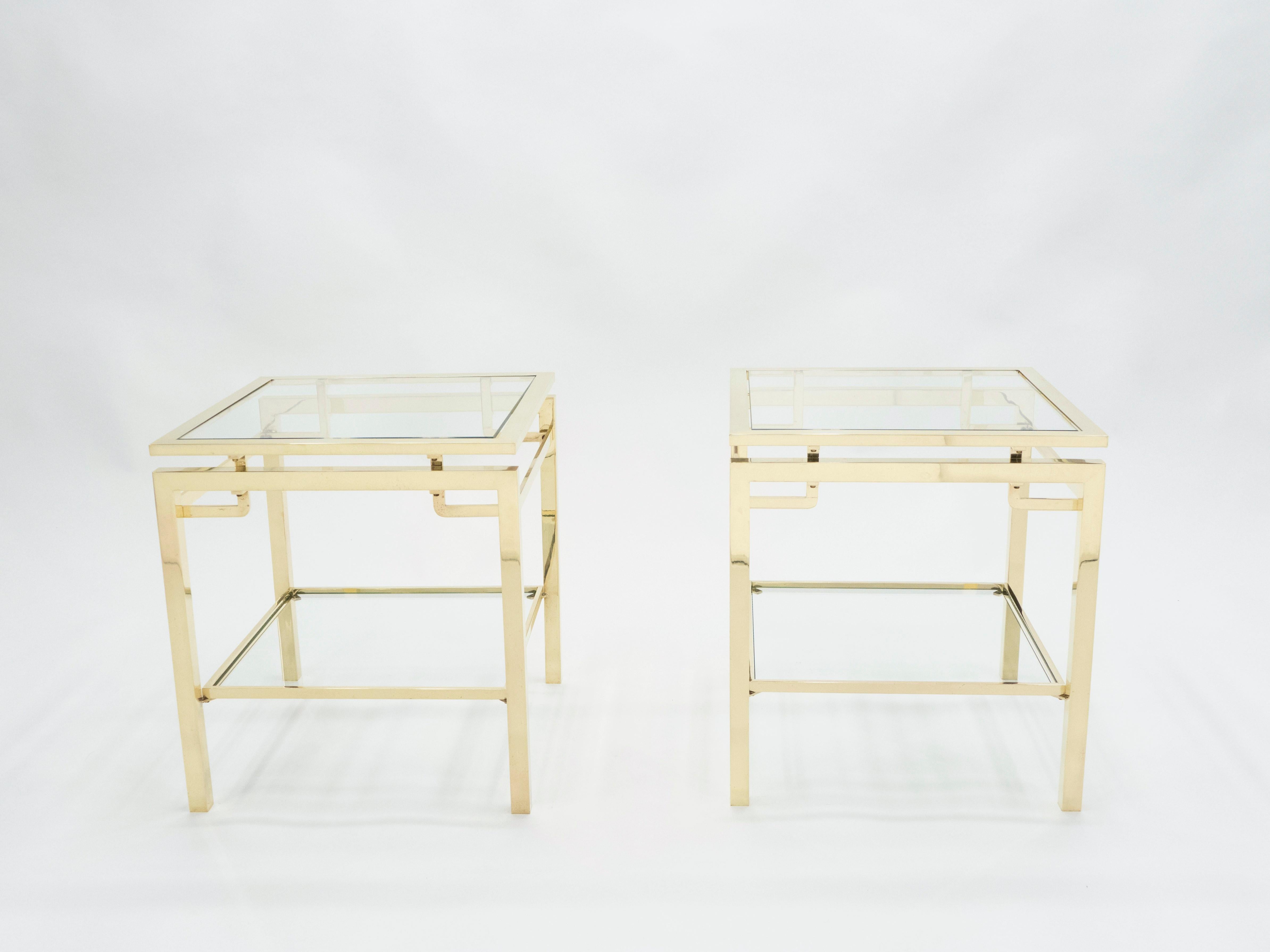 Mid-Century Modern French Brass Two-Tier End Tables Guy Lefevre for Maison Jansen, 1970s
