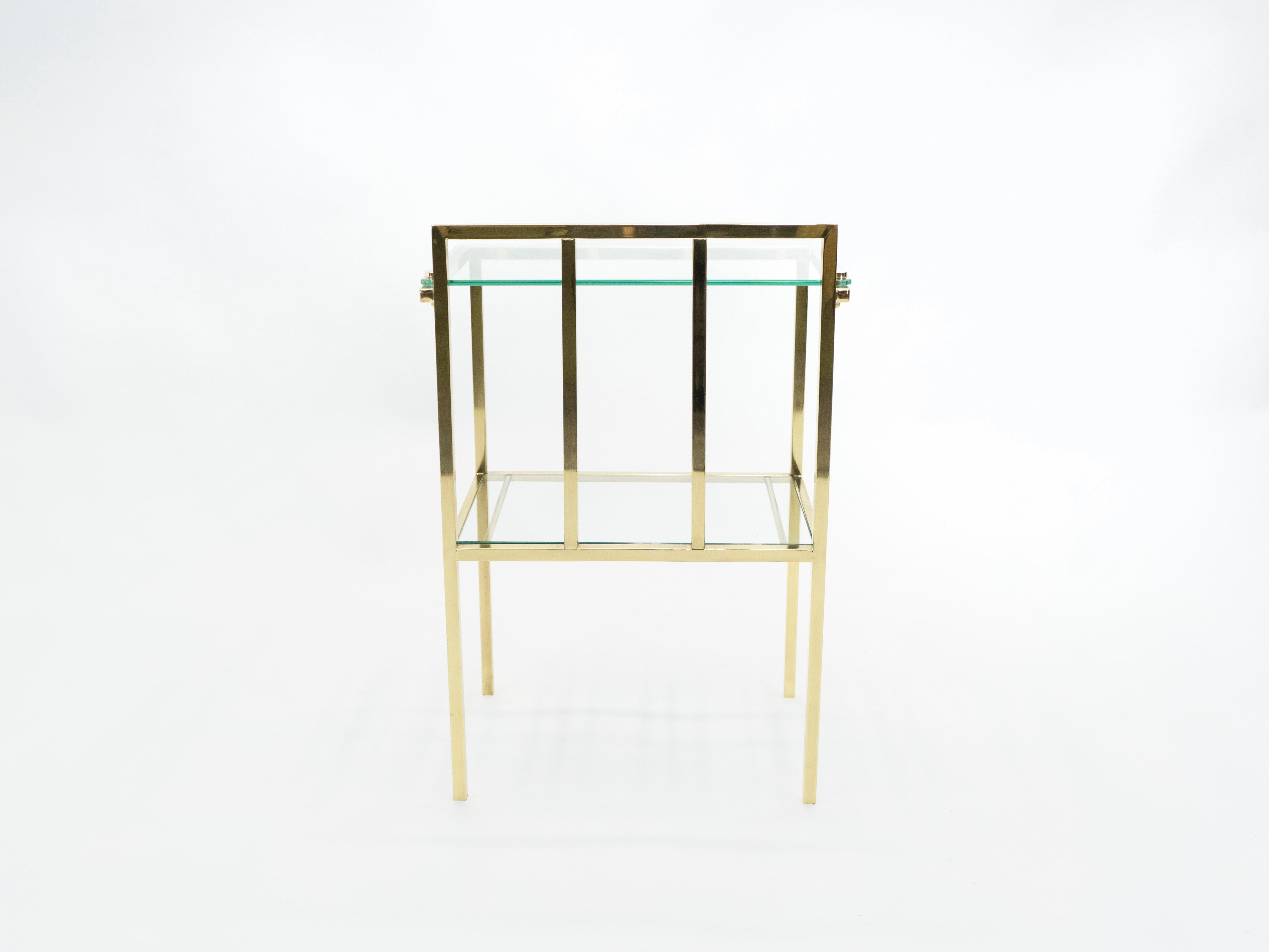 French Brass Two-Tier Glass End Tables Attributed to Marc du Plantier, 1960s For Sale 5