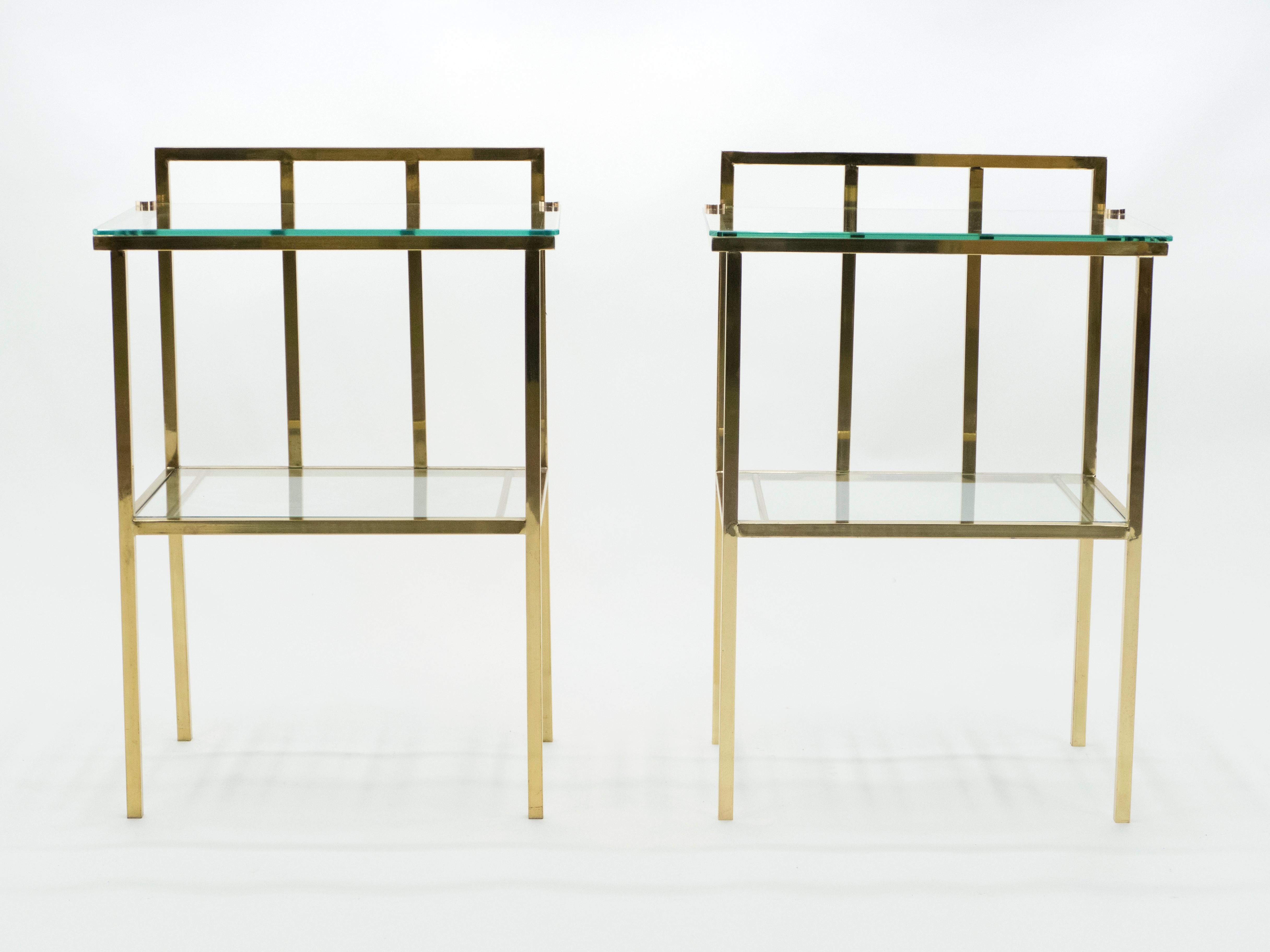 French Brass Two-Tier Glass End Tables Attributed to Marc du Plantier, 1960s For Sale 6
