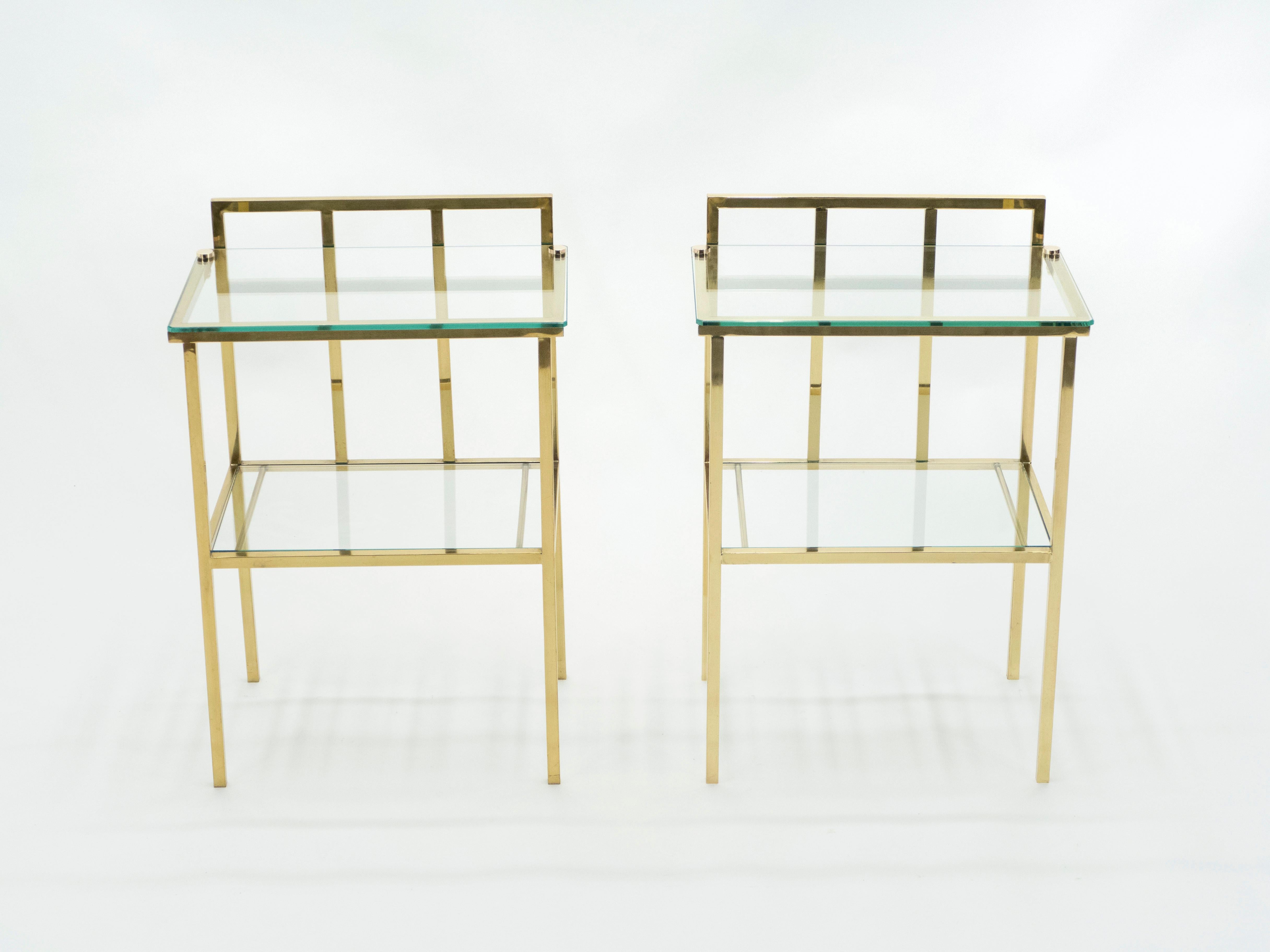 Mid-Century Modern French Brass Two-Tier Glass End Tables Attributed to Marc du Plantier, 1960s For Sale
