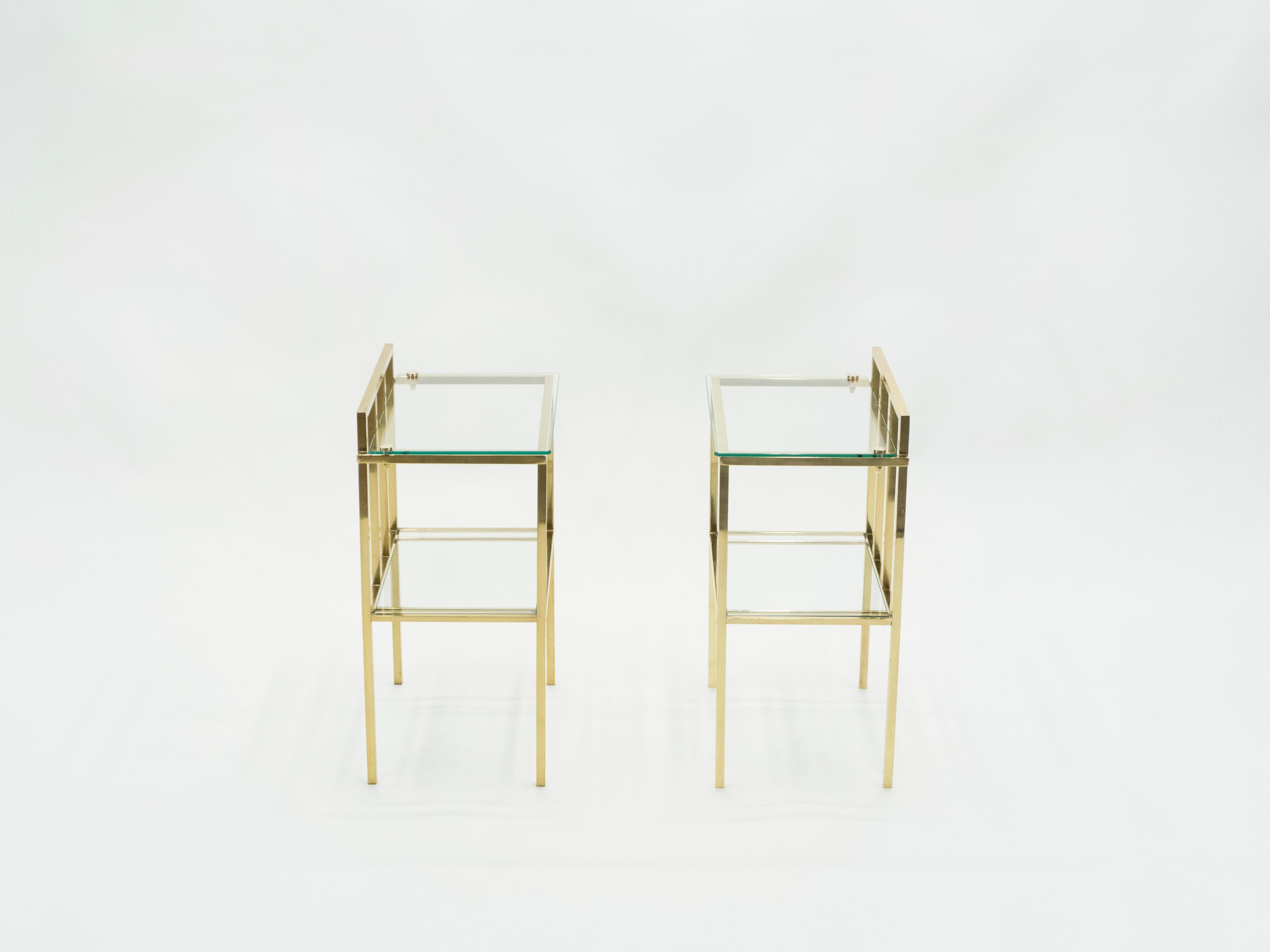 French Brass Two-Tier Glass End Tables Attributed to Marc du Plantier, 1960s In Good Condition For Sale In Paris, IDF