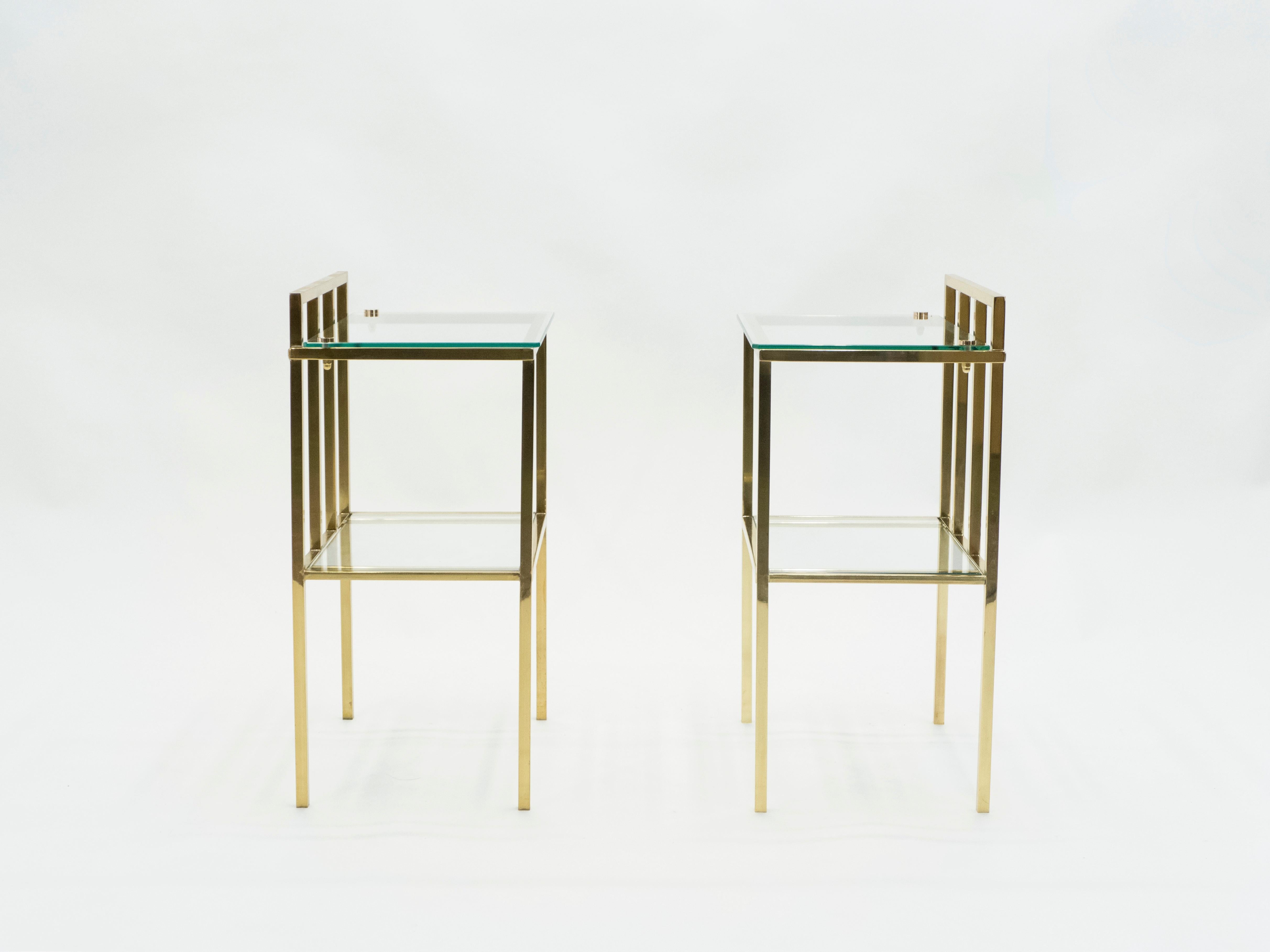 Mid-20th Century French Brass Two-Tier Glass End Tables Attributed to Marc du Plantier, 1960s For Sale