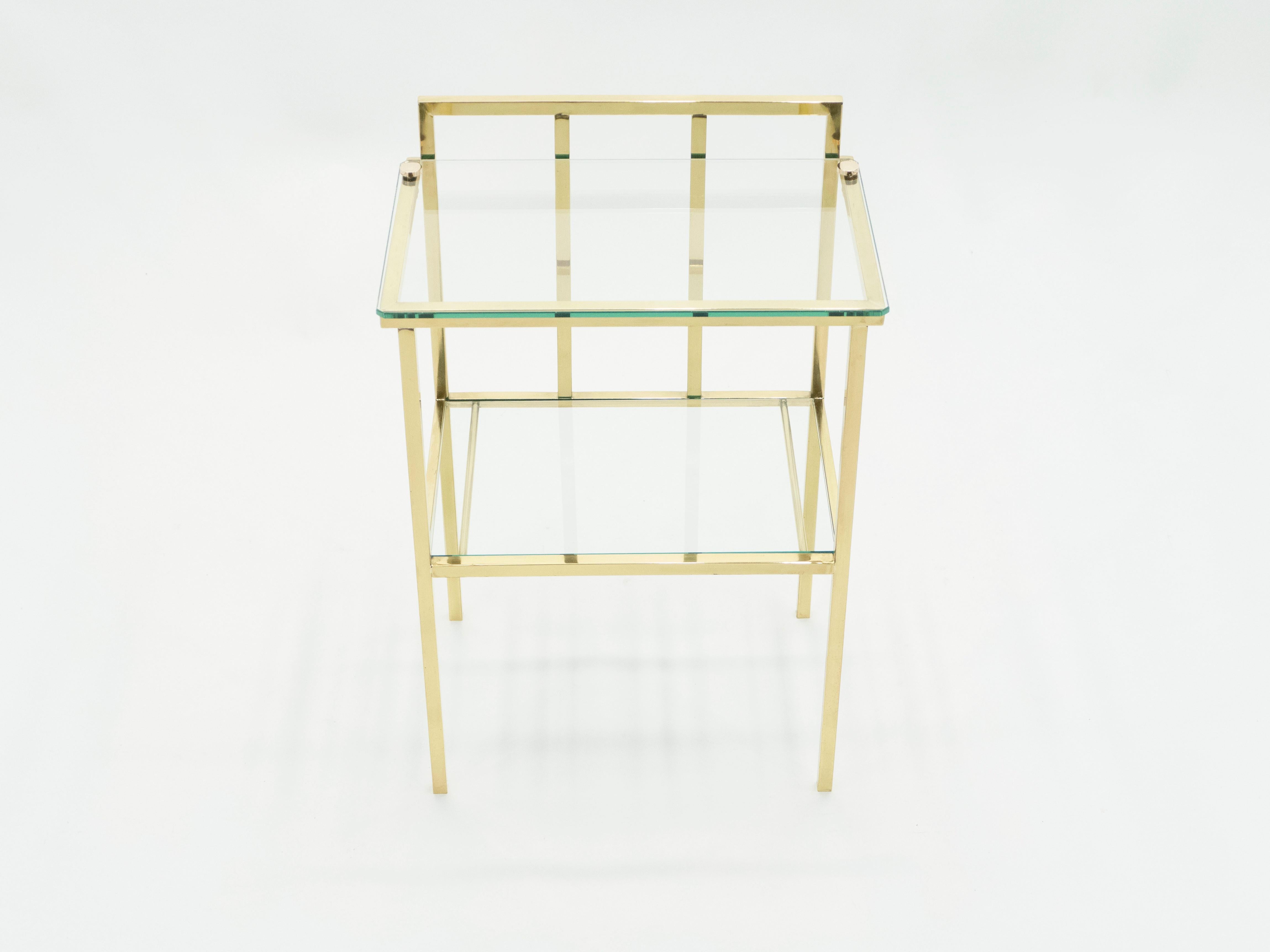 French Brass Two-Tier Glass End Tables Attributed to Marc du Plantier, 1960s For Sale 1