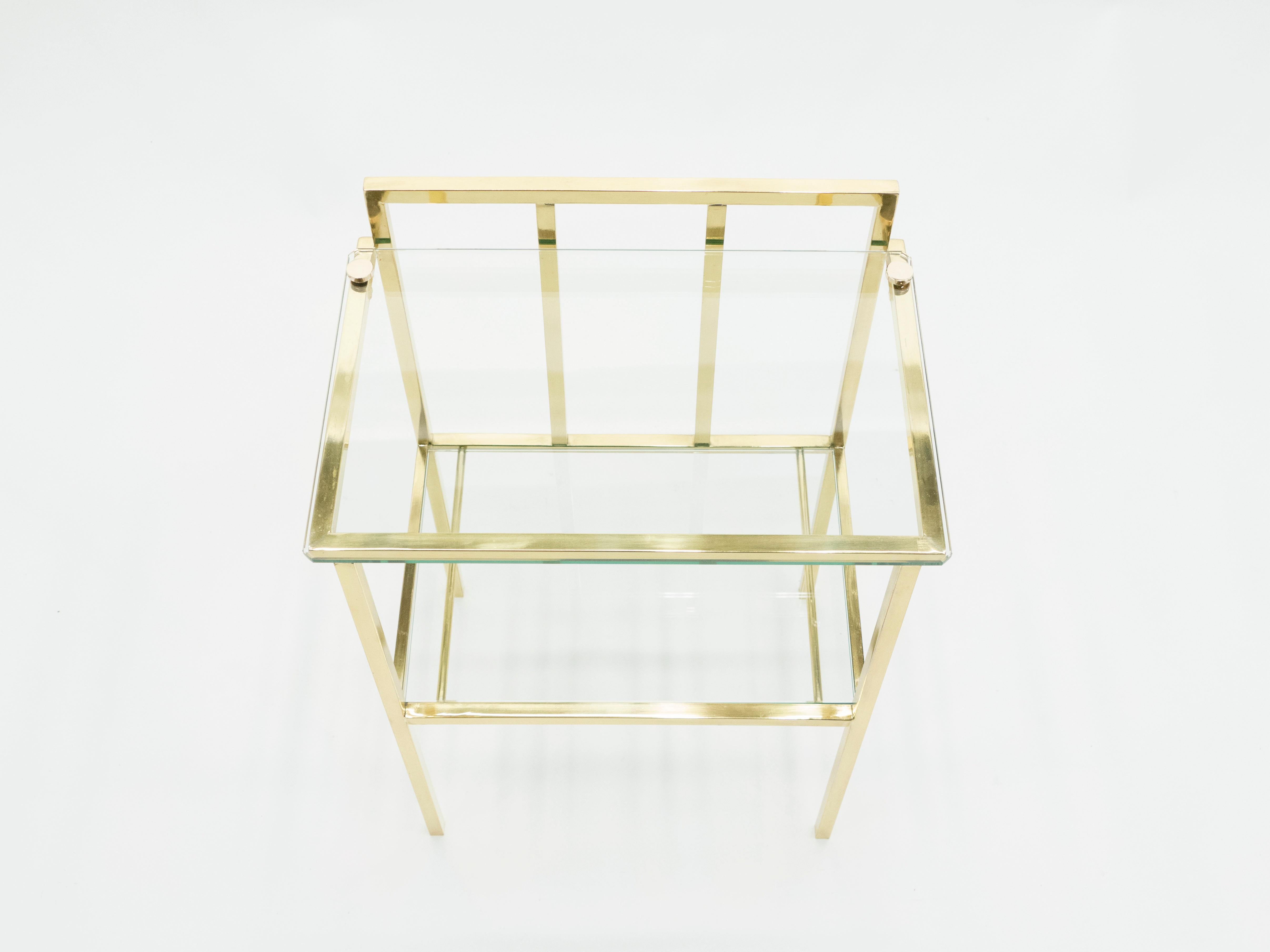 French Brass Two-Tier Glass End Tables Attributed to Marc du Plantier, 1960s For Sale 2