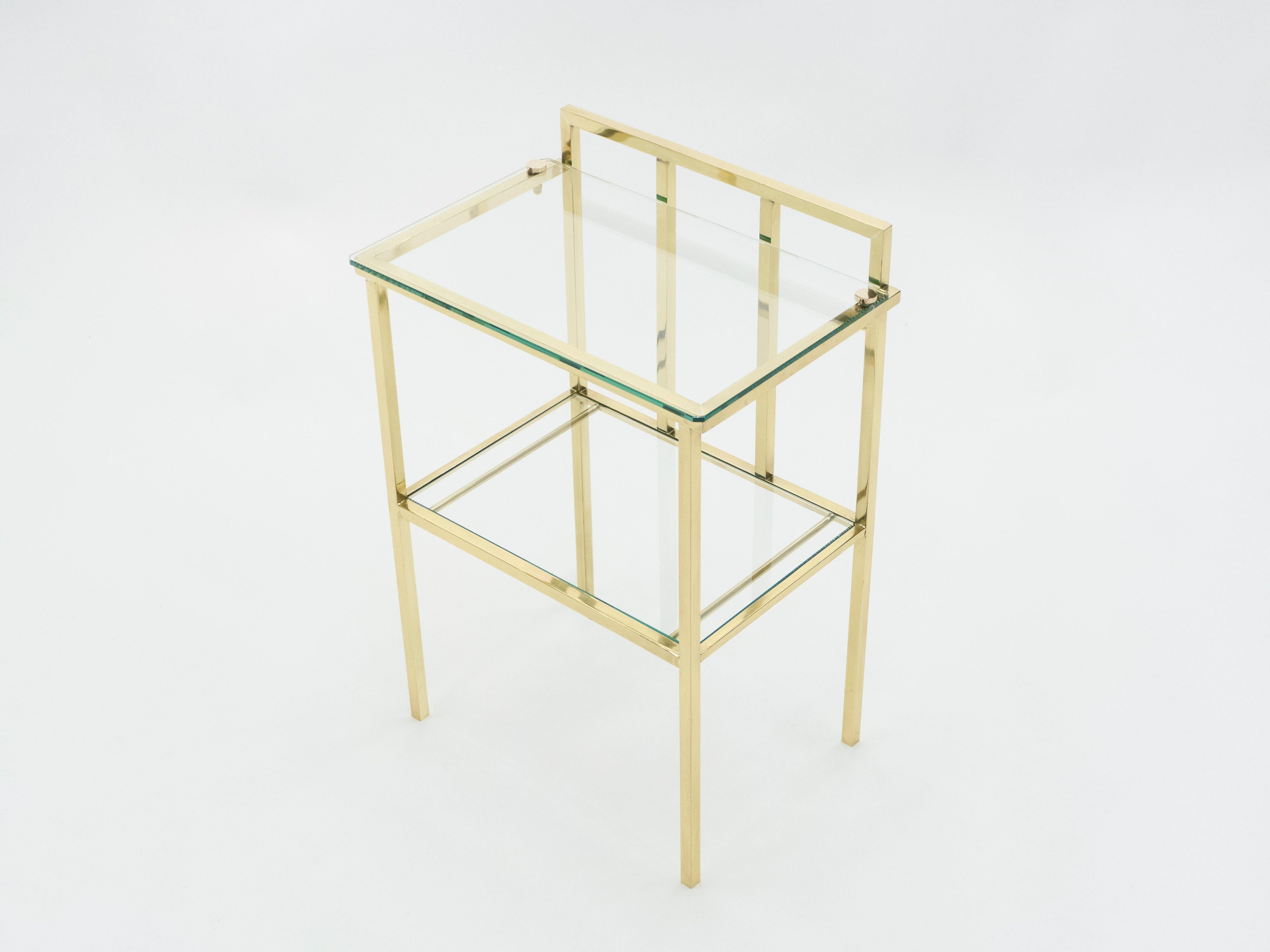 French Brass Two-Tier Glass End Tables Attributed to Marc du Plantier, 1960s For Sale 3