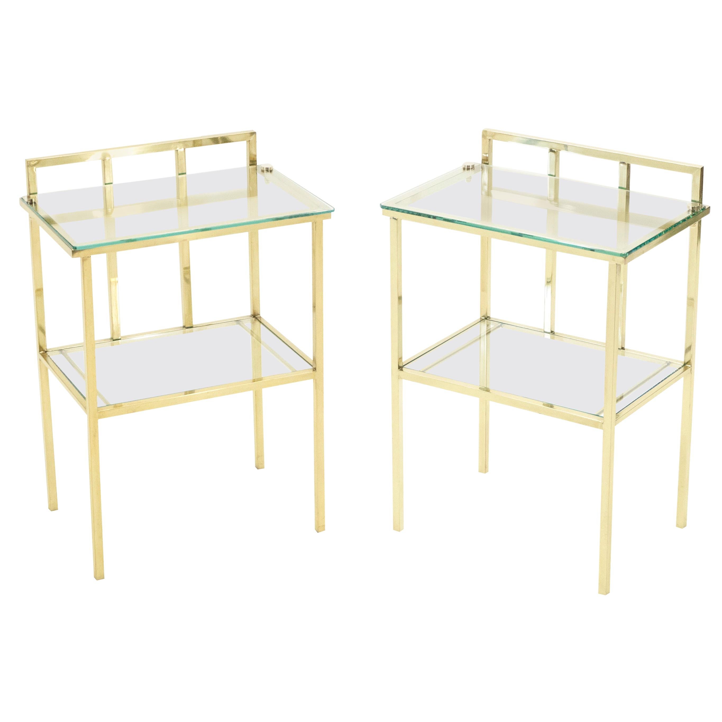 French Brass Two-Tier Glass End Tables Attributed to Marc du Plantier, 1960s