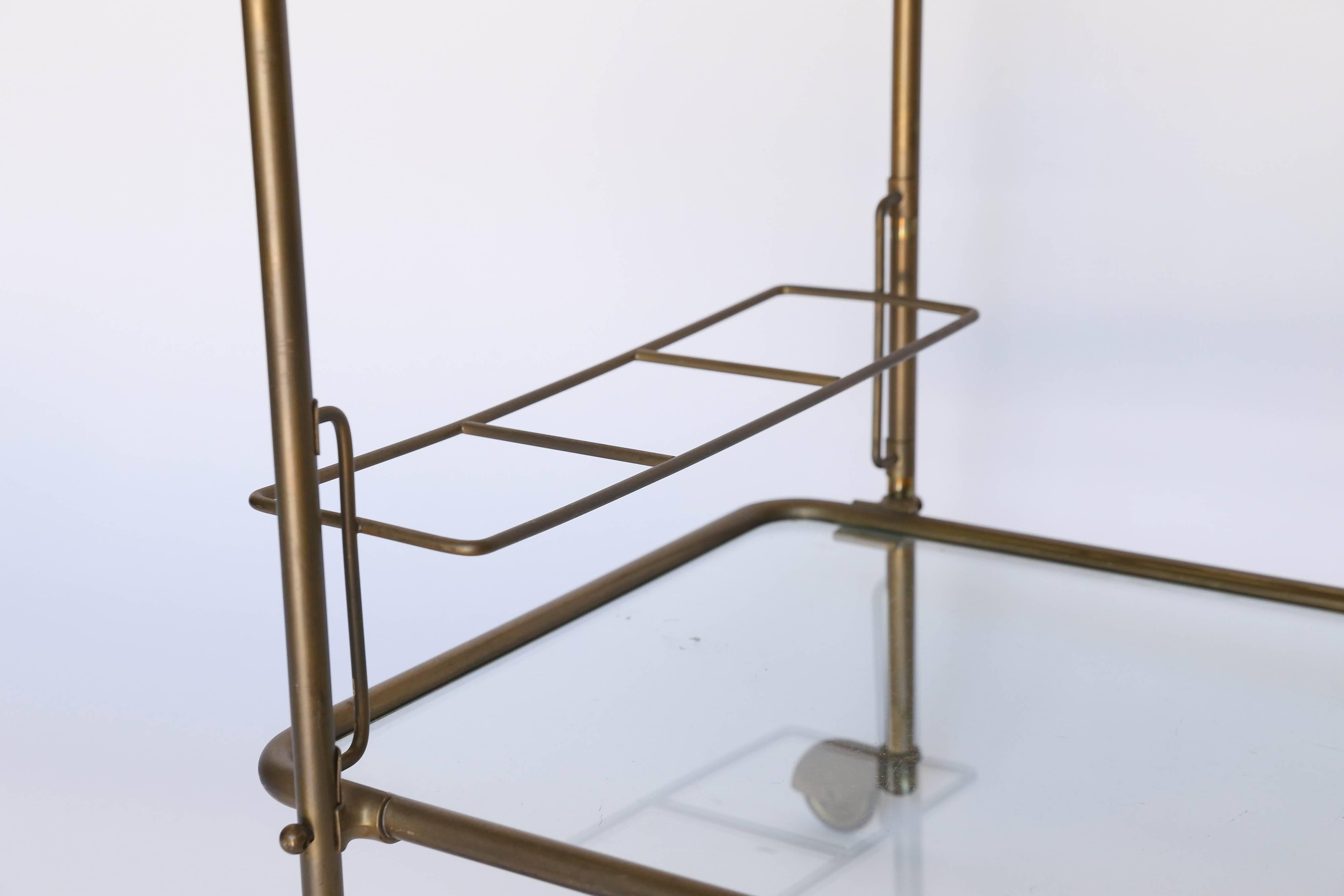 French Brass Two-Tier Rolling Bar Cart with Glass Shelves In Good Condition In Houston, TX