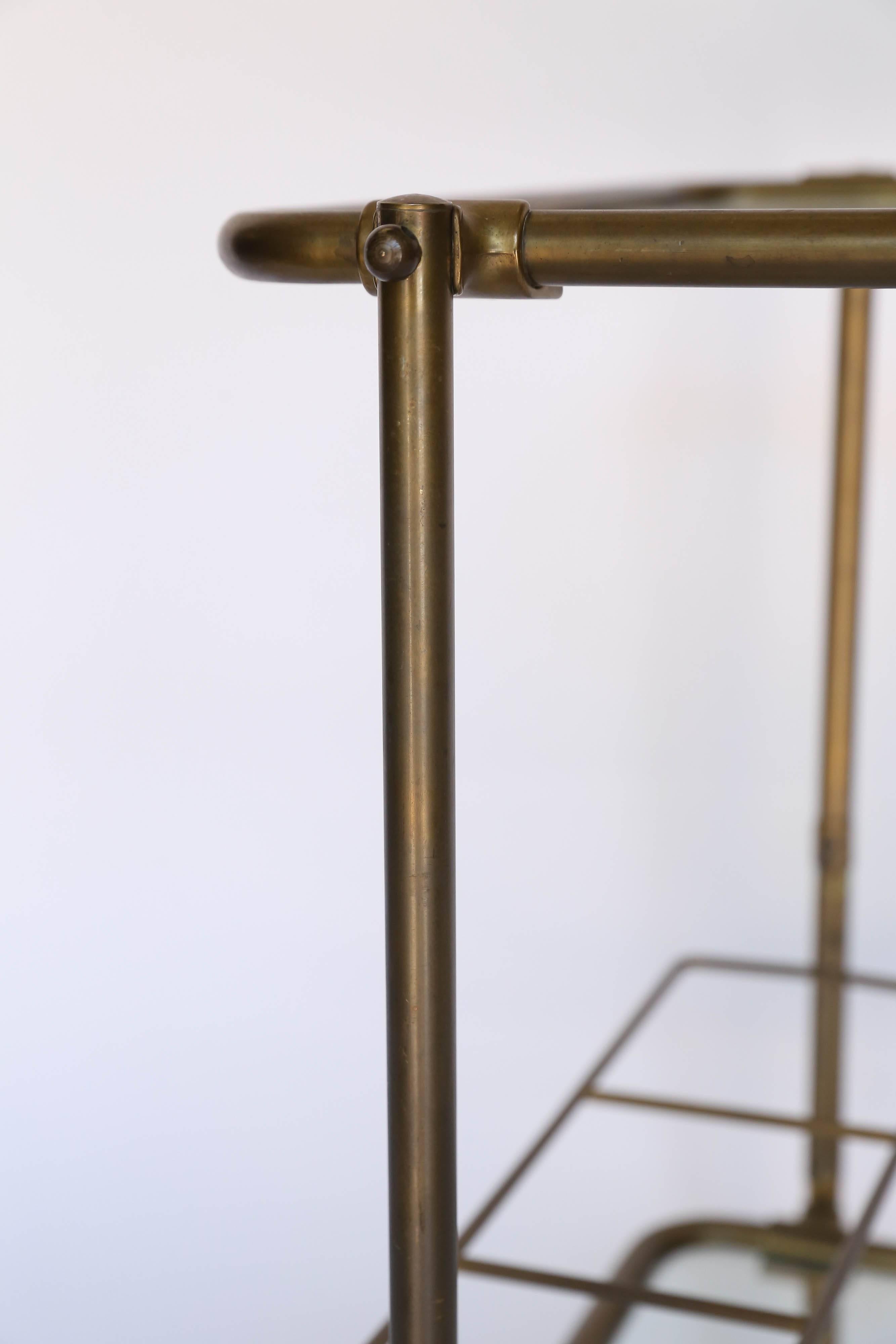 20th Century French Brass Two-Tier Rolling Bar Cart with Glass Shelves