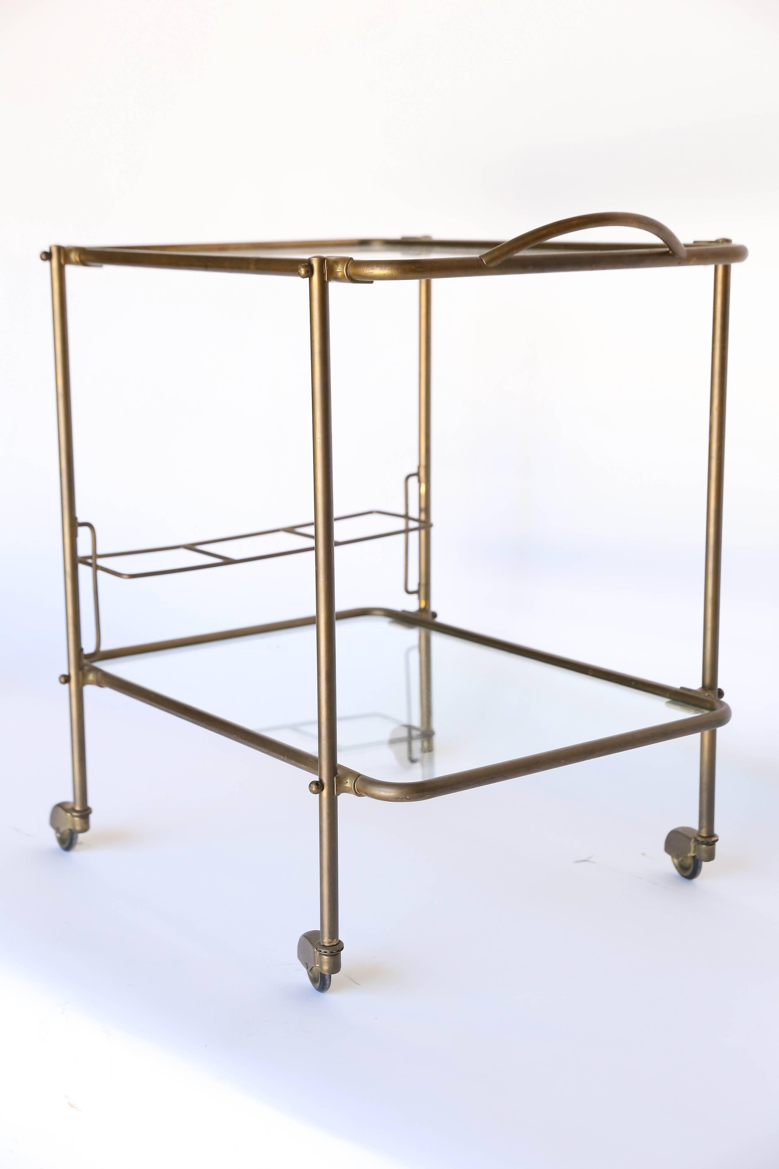 French Brass Two-Tier Rolling Bar Cart with Glass Shelves 2