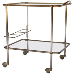 Retro French Brass Two-Tier Rolling Bar Cart with Glass Shelves
