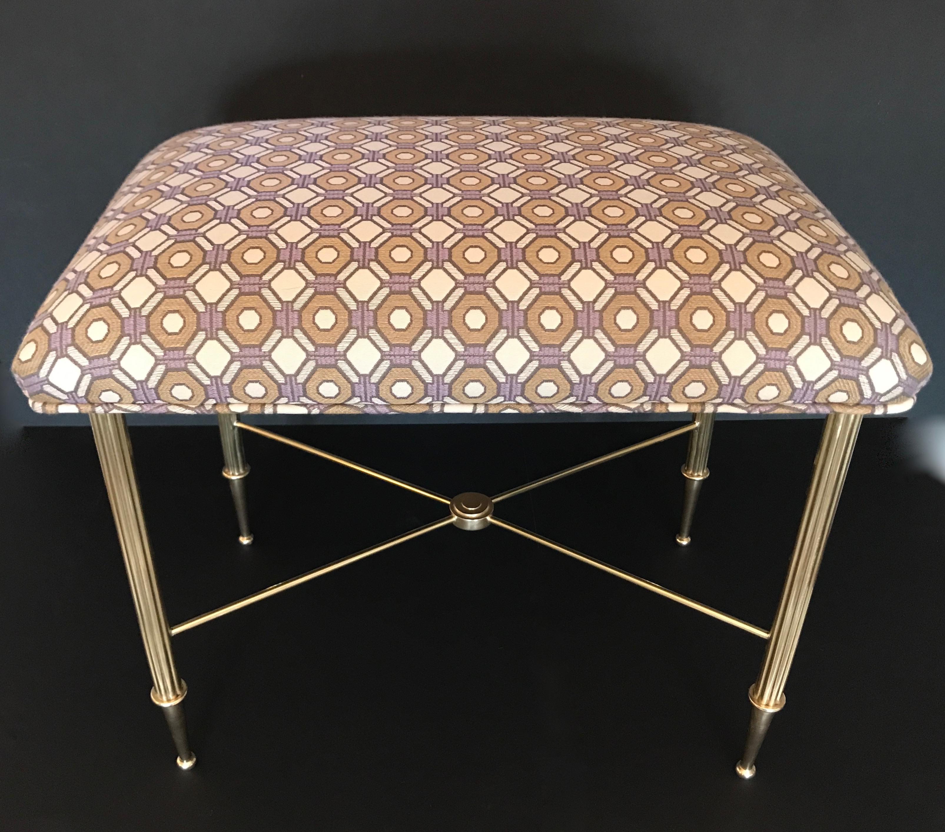 French Brass Upholstered Bench or Stool with Reeded Legs For Sale 4