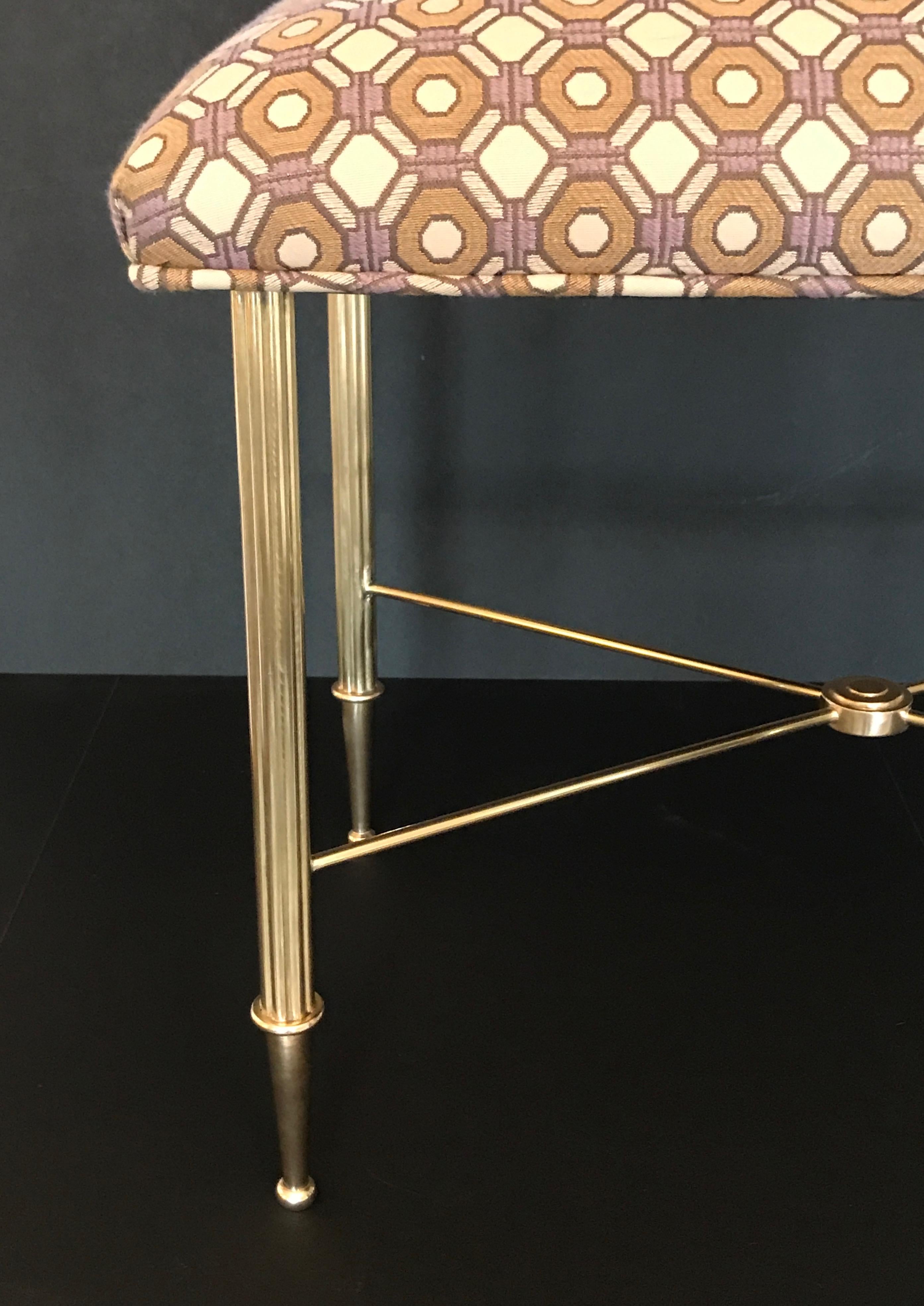 French Brass Upholstered Bench or Stool with Reeded Legs For Sale 7