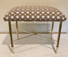 French Brass Upholstered Bench or Stool with Reeded Legs