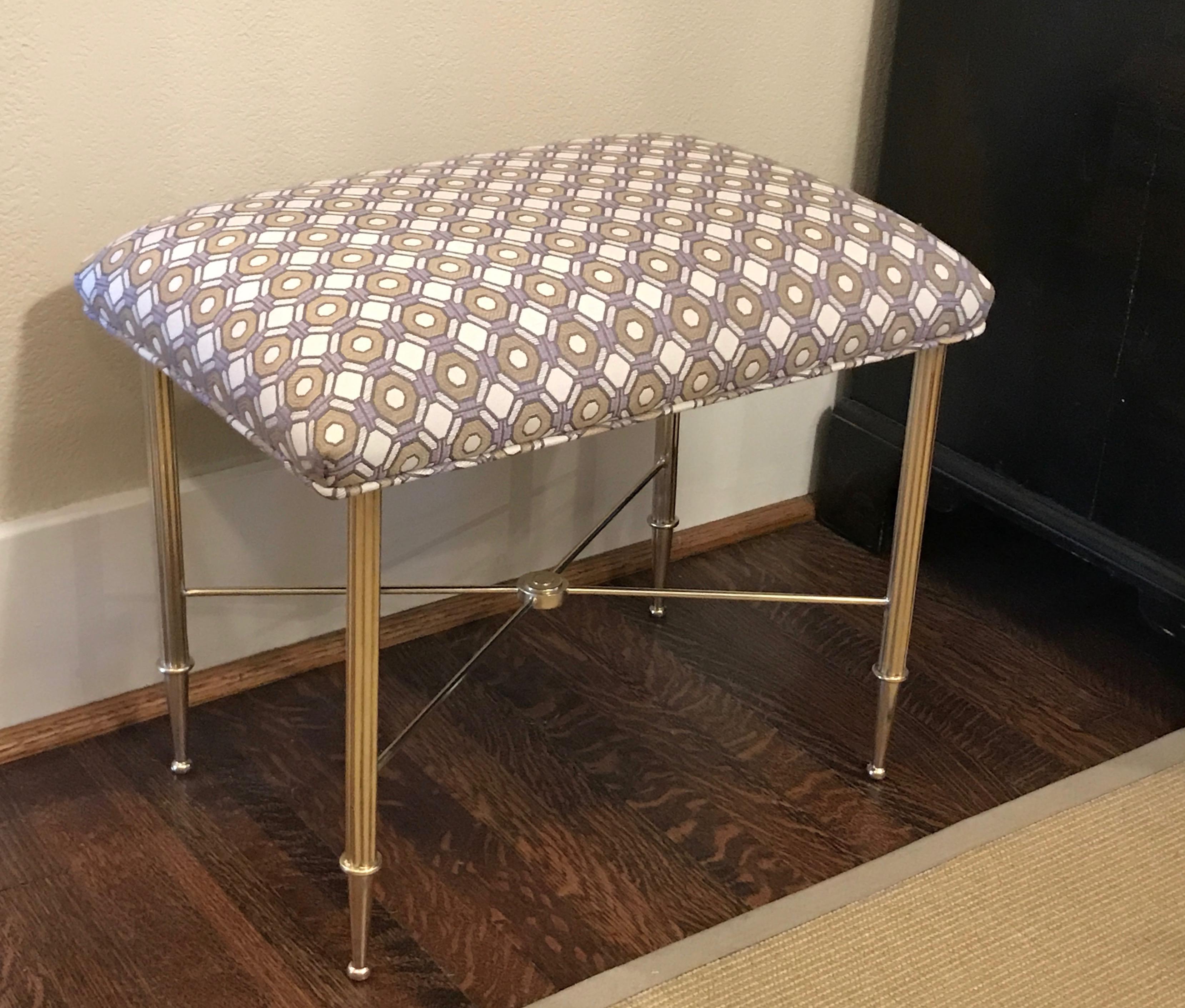 French Brass Upholstered Bench or Stool with Reeded Legs For Sale 2