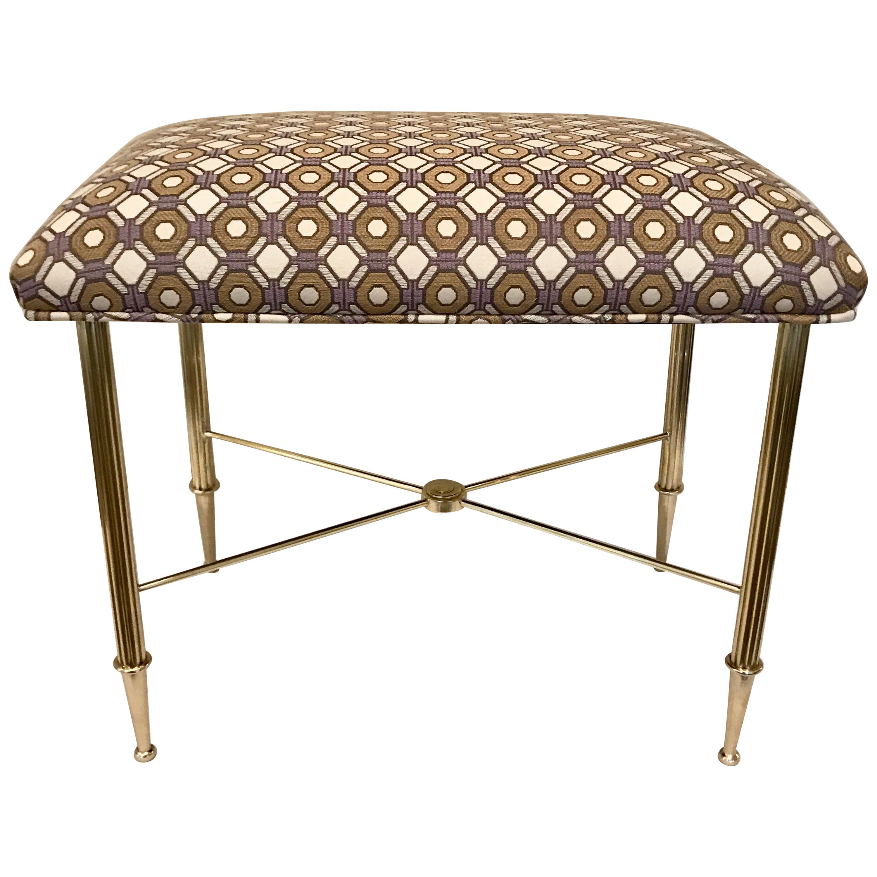 French Brass Upholstered Bench or Stool with Reeded Legs For Sale