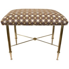 Vintage French Brass Upholstered Bench or Stool with Reeded Legs