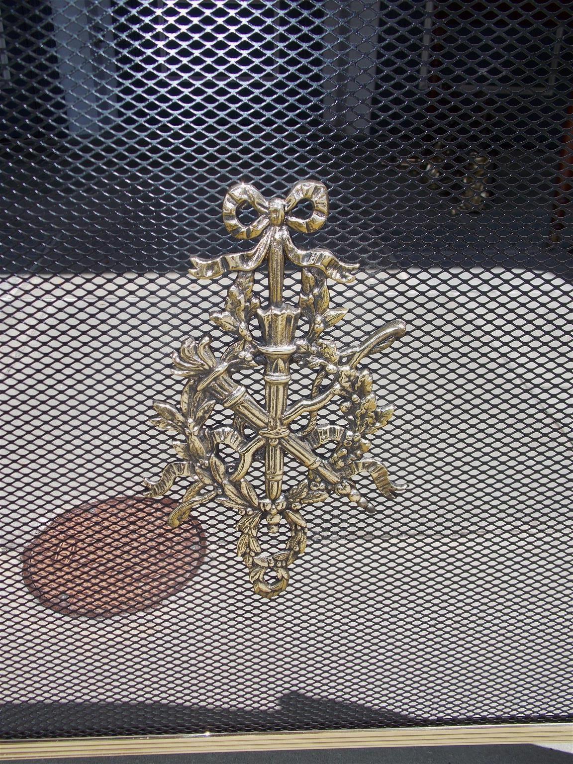Cast French Brass Urn Finial Decorative Floral and Ribbon Fire Screen, Circa 1880