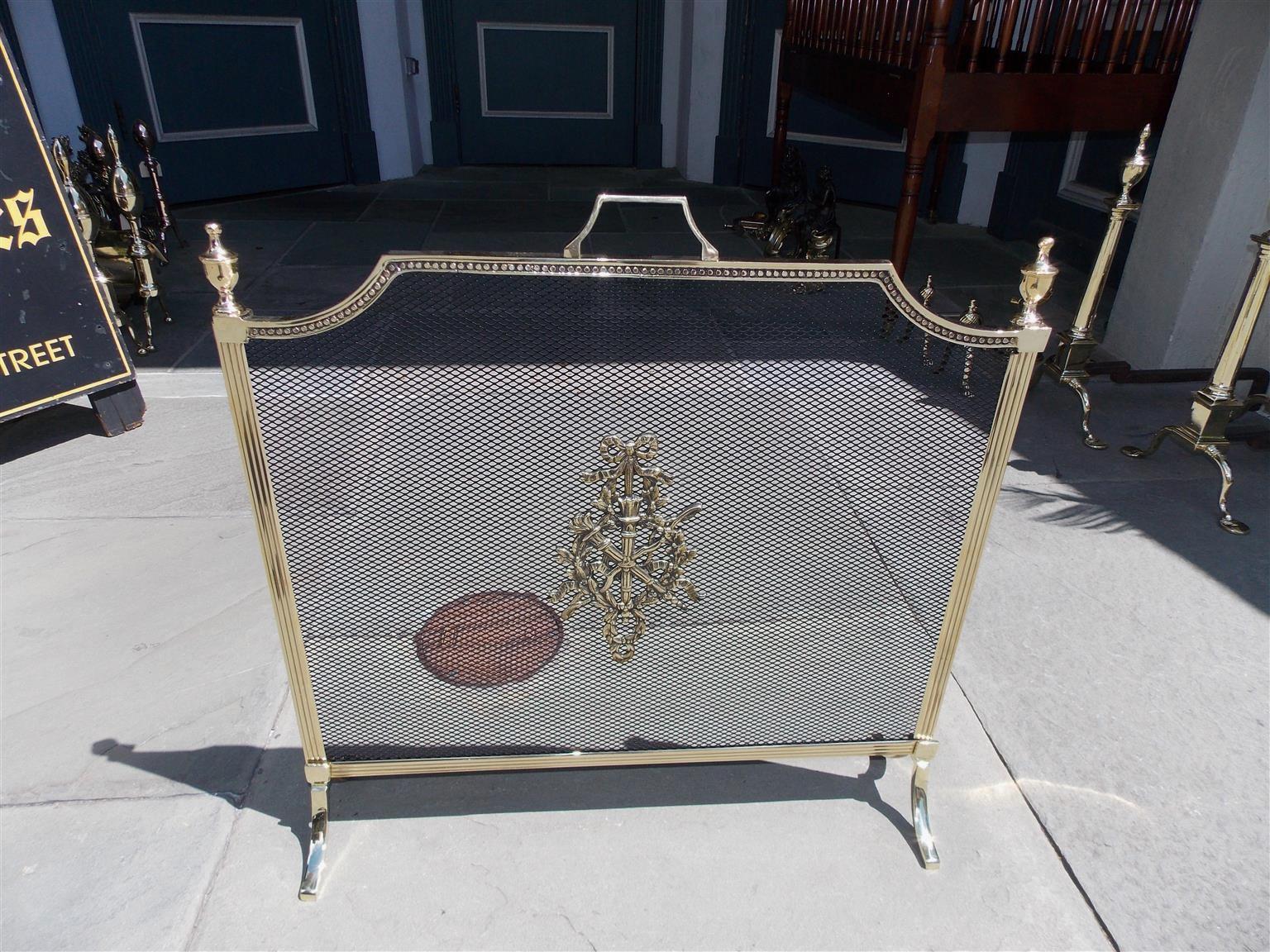 French Brass Urn Finial Decorative Floral and Ribbon Fire Screen, Circa 1880 In Excellent Condition In Hollywood, SC