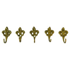 French Brass Wall Hooks with Fleur De Lis Design, Set of 5