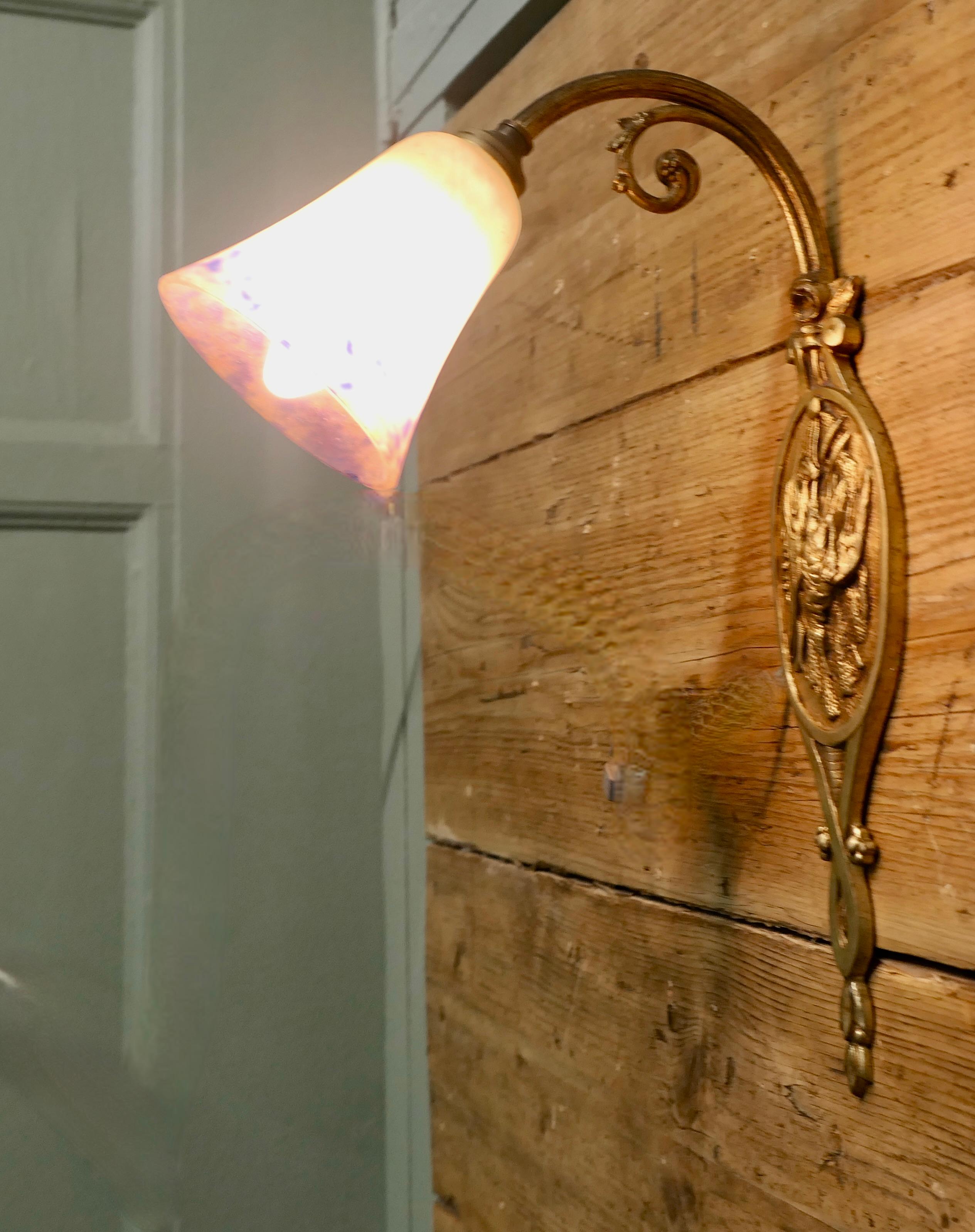 Art Nouveau French Brass Wall Light with Original Dugué Glass Shade For Sale