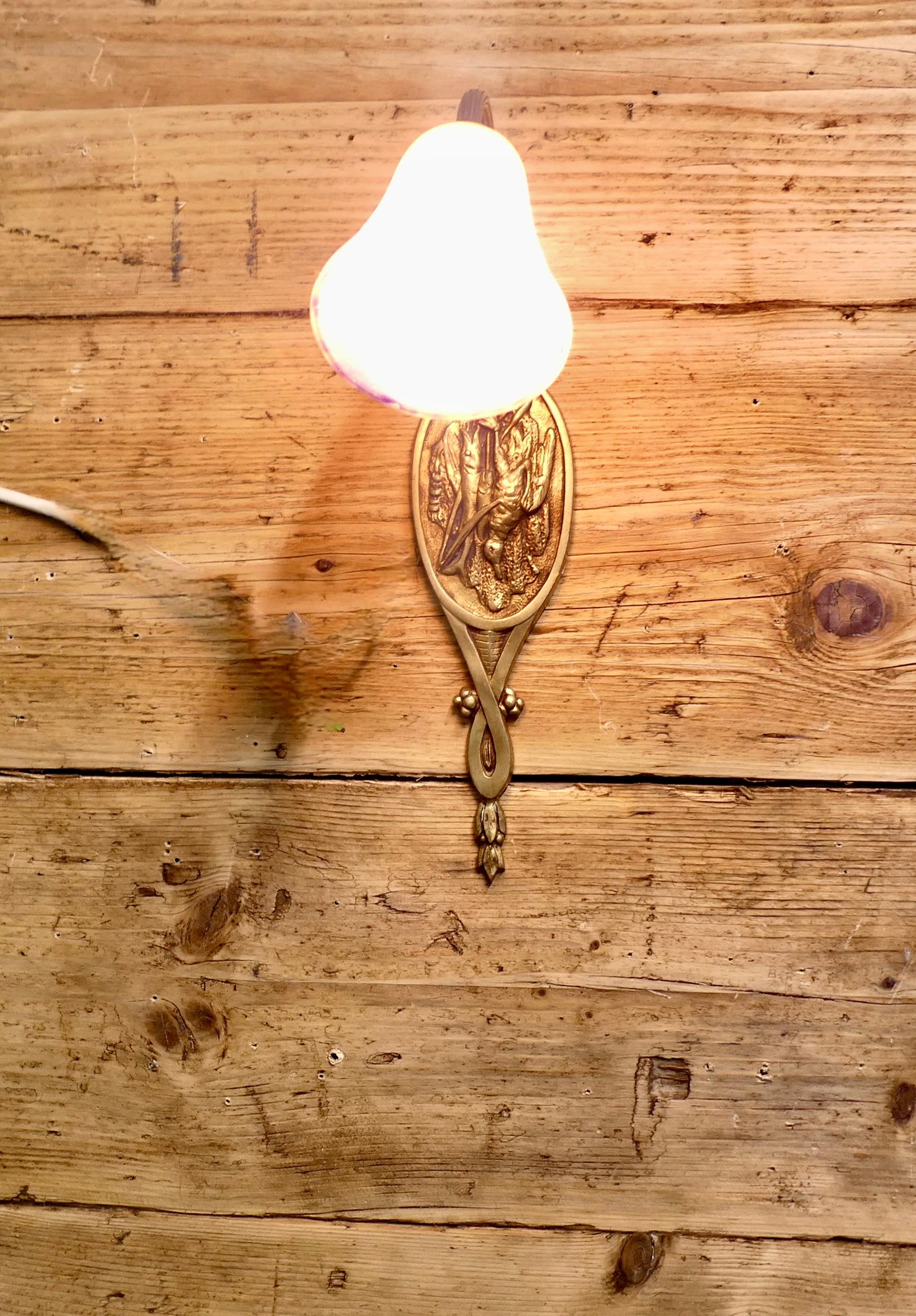 Early 20th Century French Brass Wall Light with Original Dugué Glass Shade For Sale