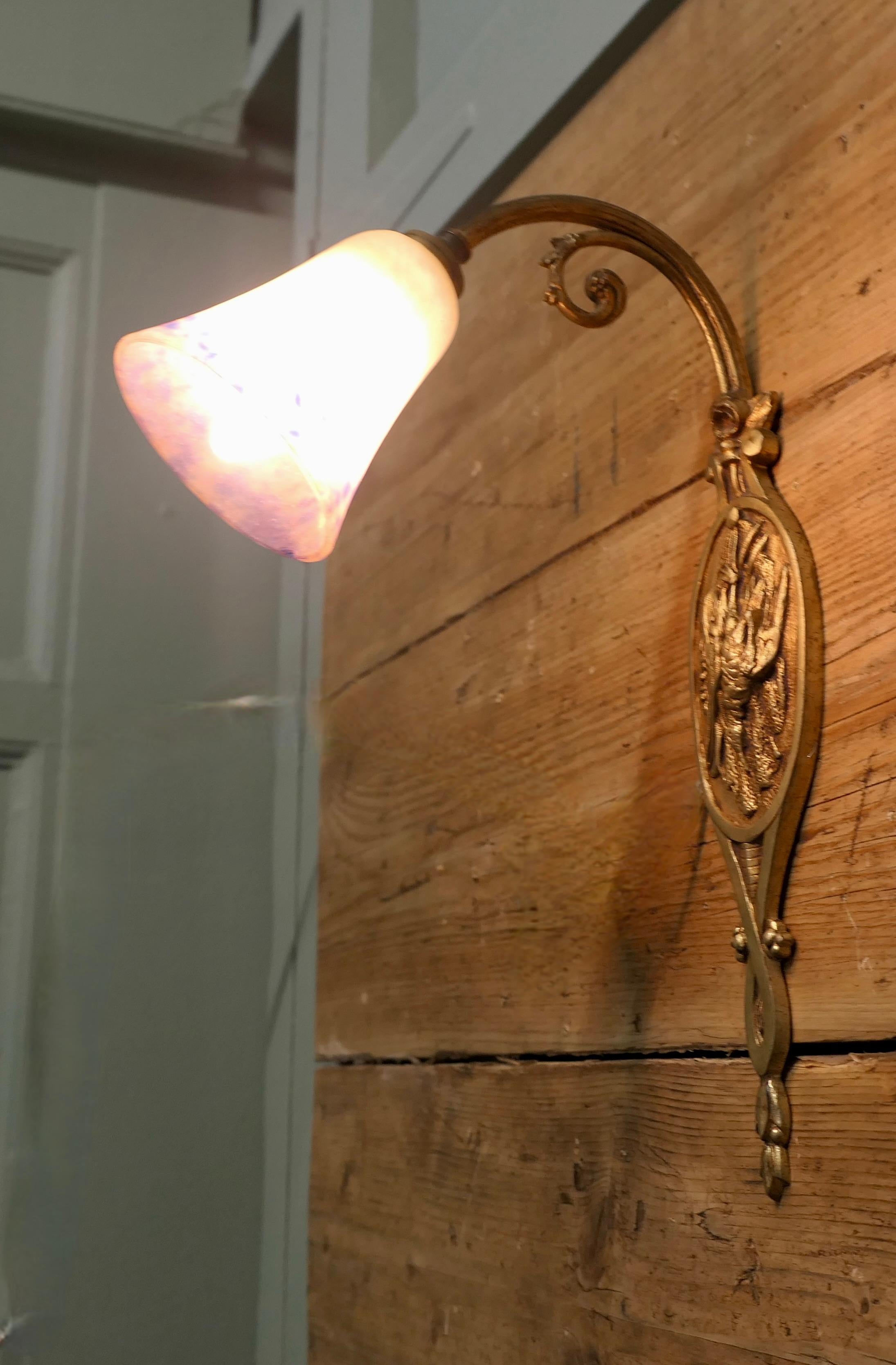 French Brass Wall Light with Original Dugué Glass Shade For Sale 2
