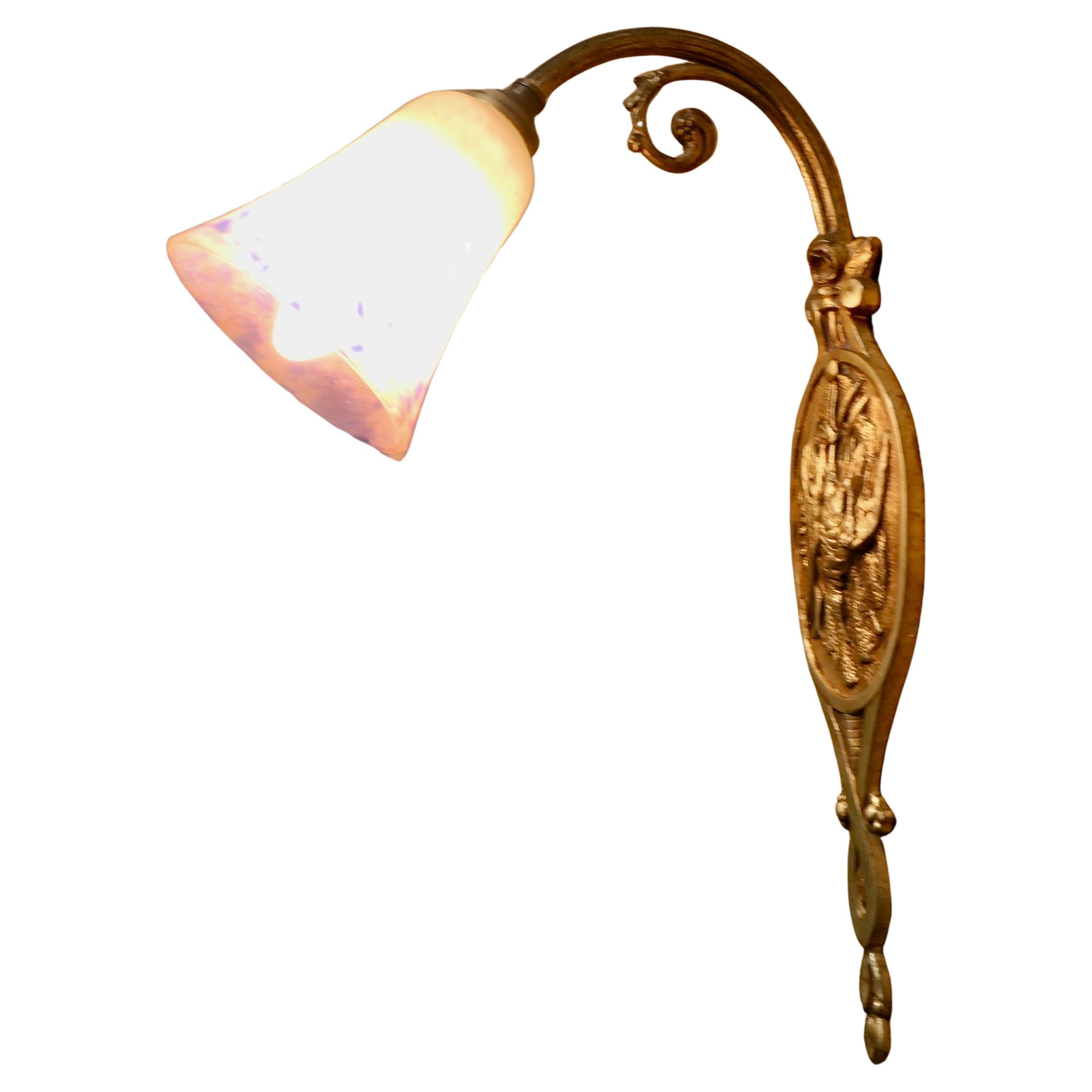 French Brass Wall Light with Original Dugué Glass Shade For Sale