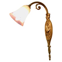 French Brass Wall Light with Original Dugué Glass Shade