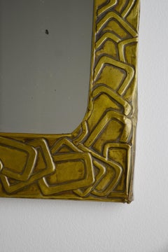 French Brass Wall Mirror, Sculptural Design, Repoussé Technique, 1960s