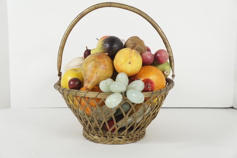 French Brass Wire Basket with Carved Stone Fruit from Estate of Bunny