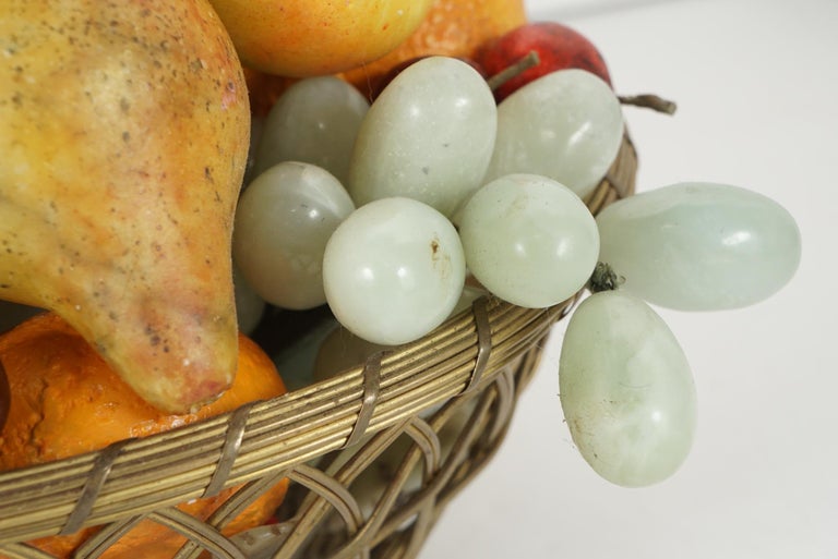 French Brass Wire Basket with Carved Stone Fruit from Estate of Bunny