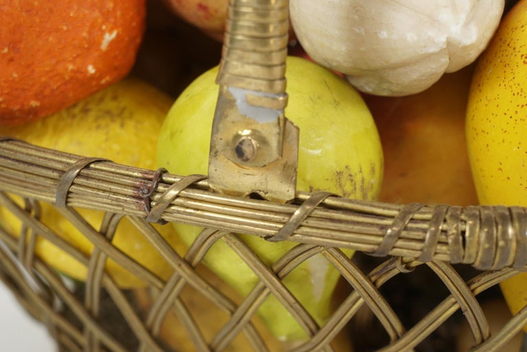 French Brass Wire Basket with Carved Stone Fruit from Estate of Bunny