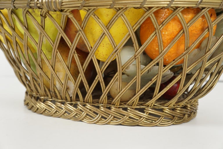 French Brass Wire Basket with Carved Stone Fruit from Estate of Bunny