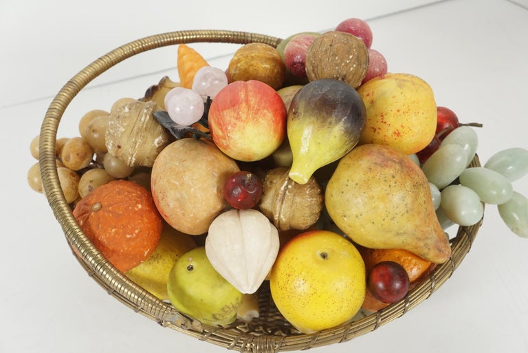 French Brass Wire Basket with Carved Stone Fruit from Estate of Bunny
