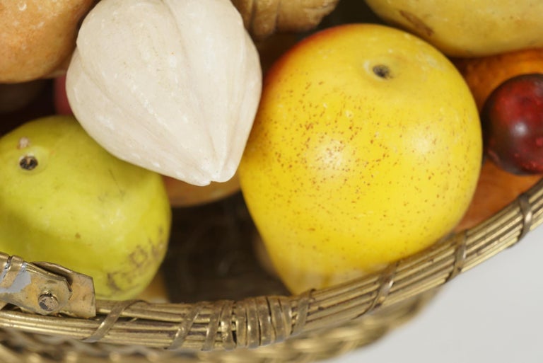 French Brass Wire Basket with Carved Stone Fruit from Estate of Bunny