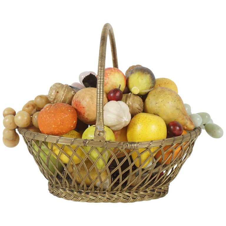 French Brass Wire Basket with Carved Stone Fruit from Estate of Bunny