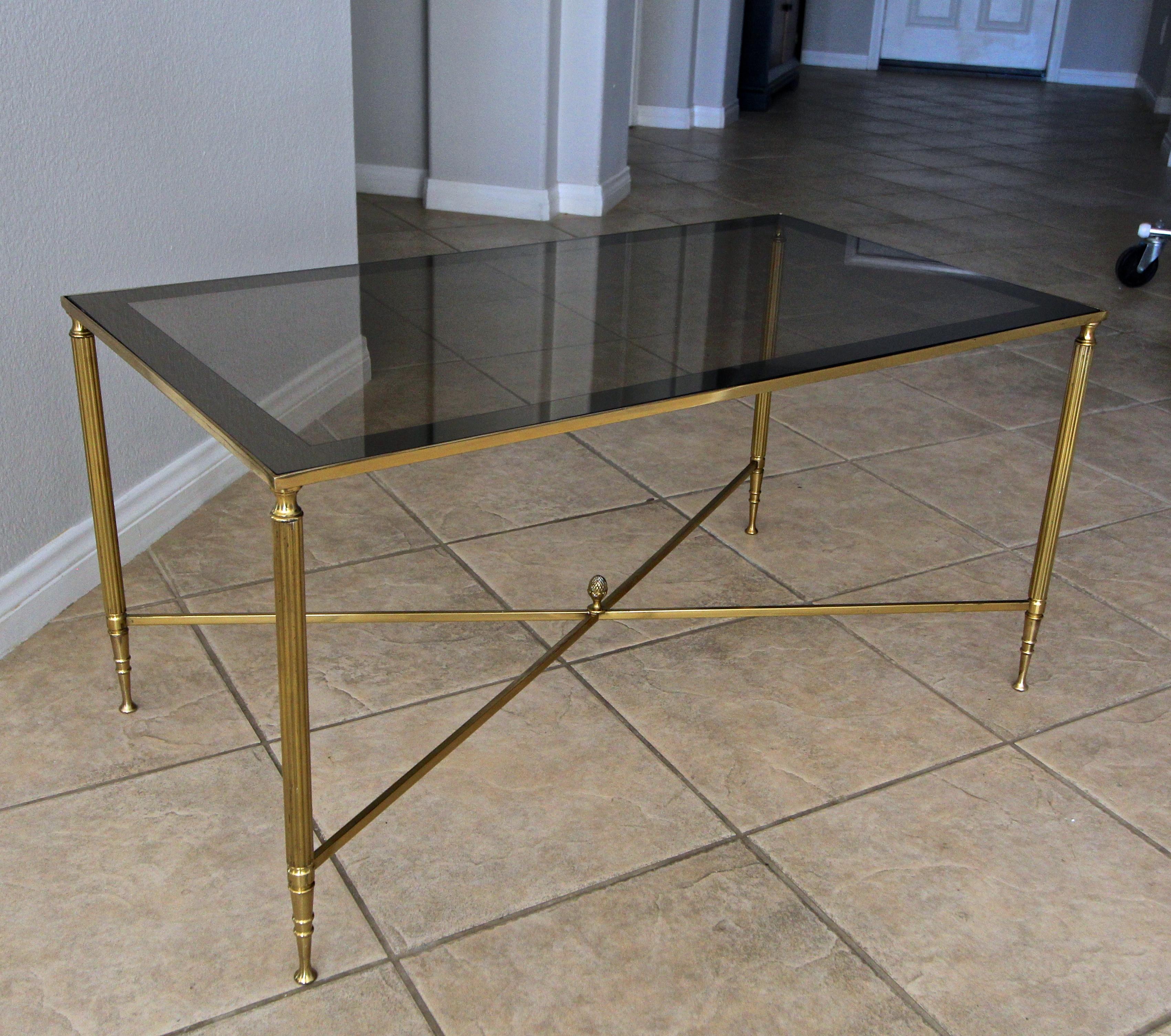 French Brass X Base Coffee Cocktail Table For Sale 13