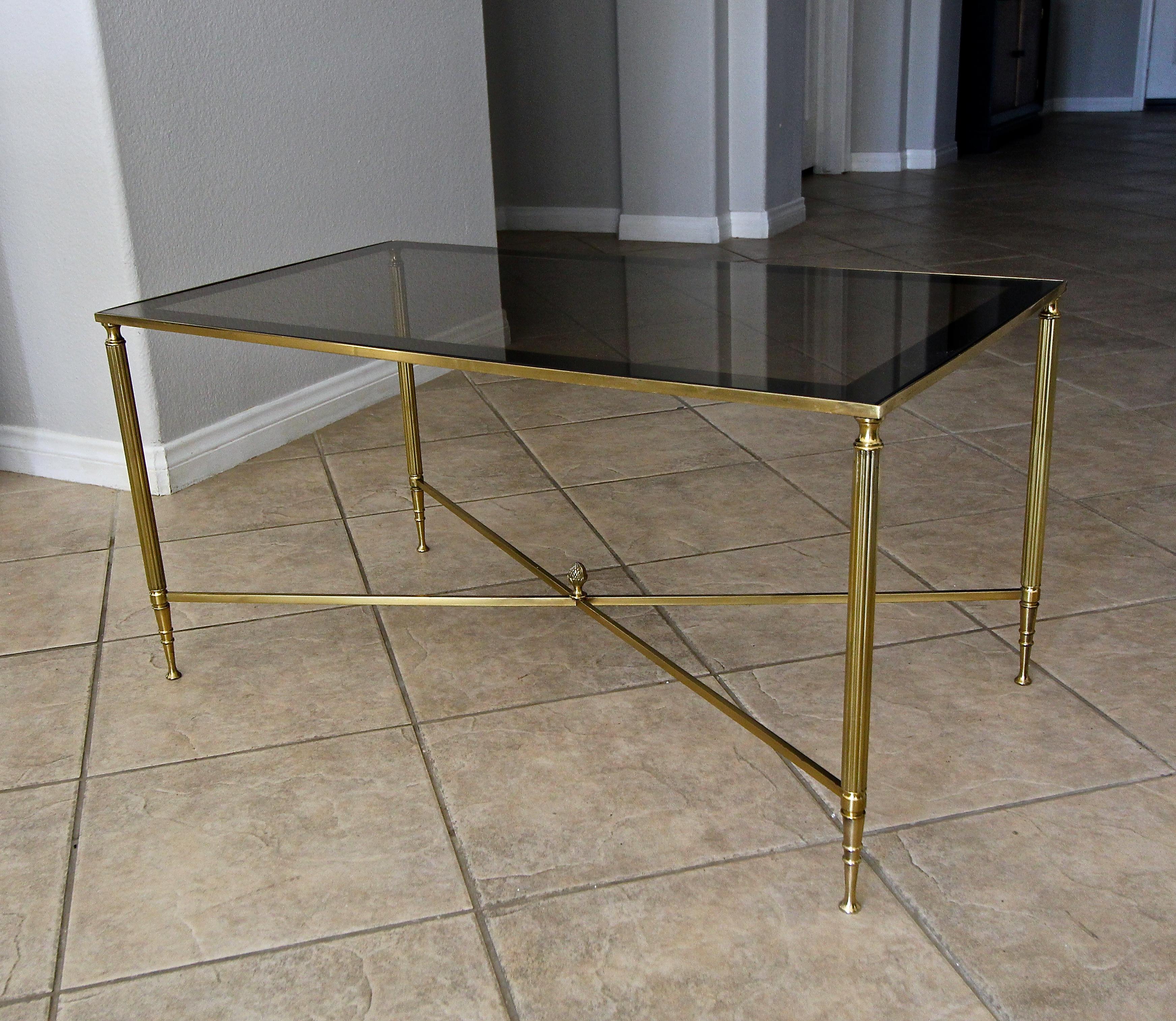 French Brass X Base Coffee Cocktail Table For Sale 14