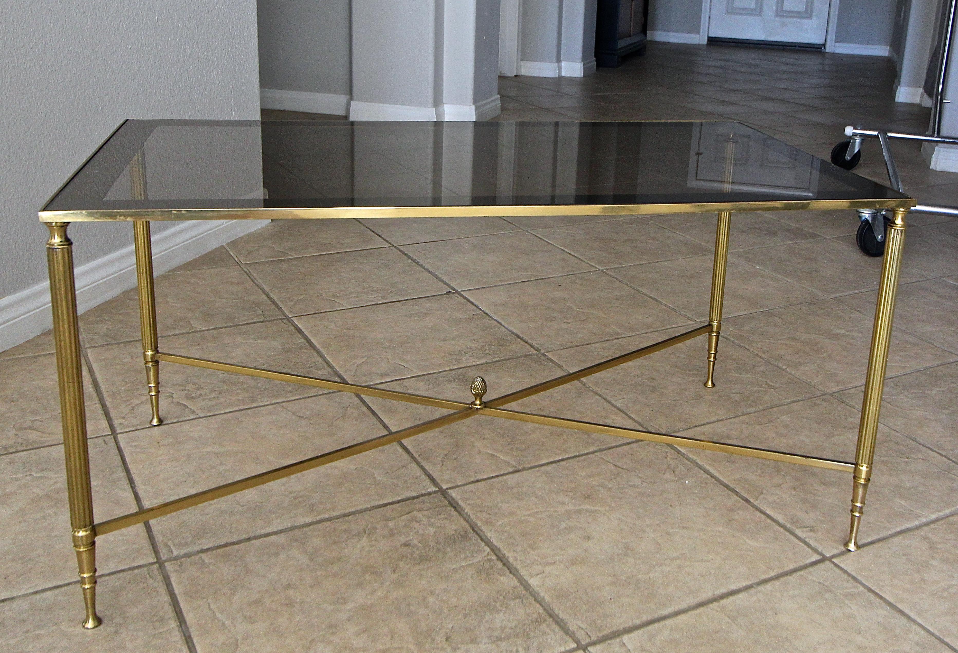 French Brass X Base Coffee Cocktail Table In Good Condition For Sale In Palm Springs, CA