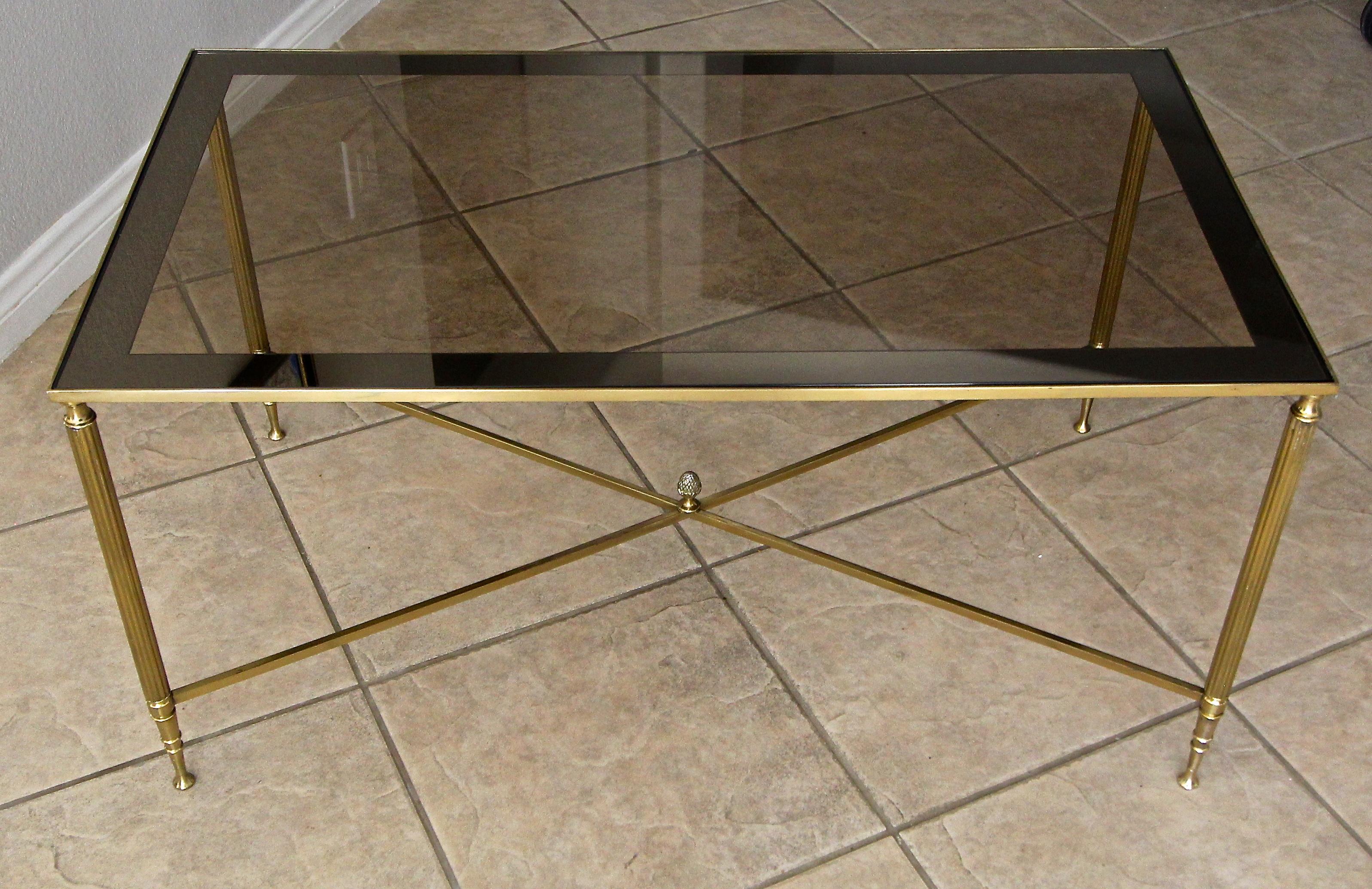 Mid-20th Century French Brass X Base Coffee Cocktail Table For Sale