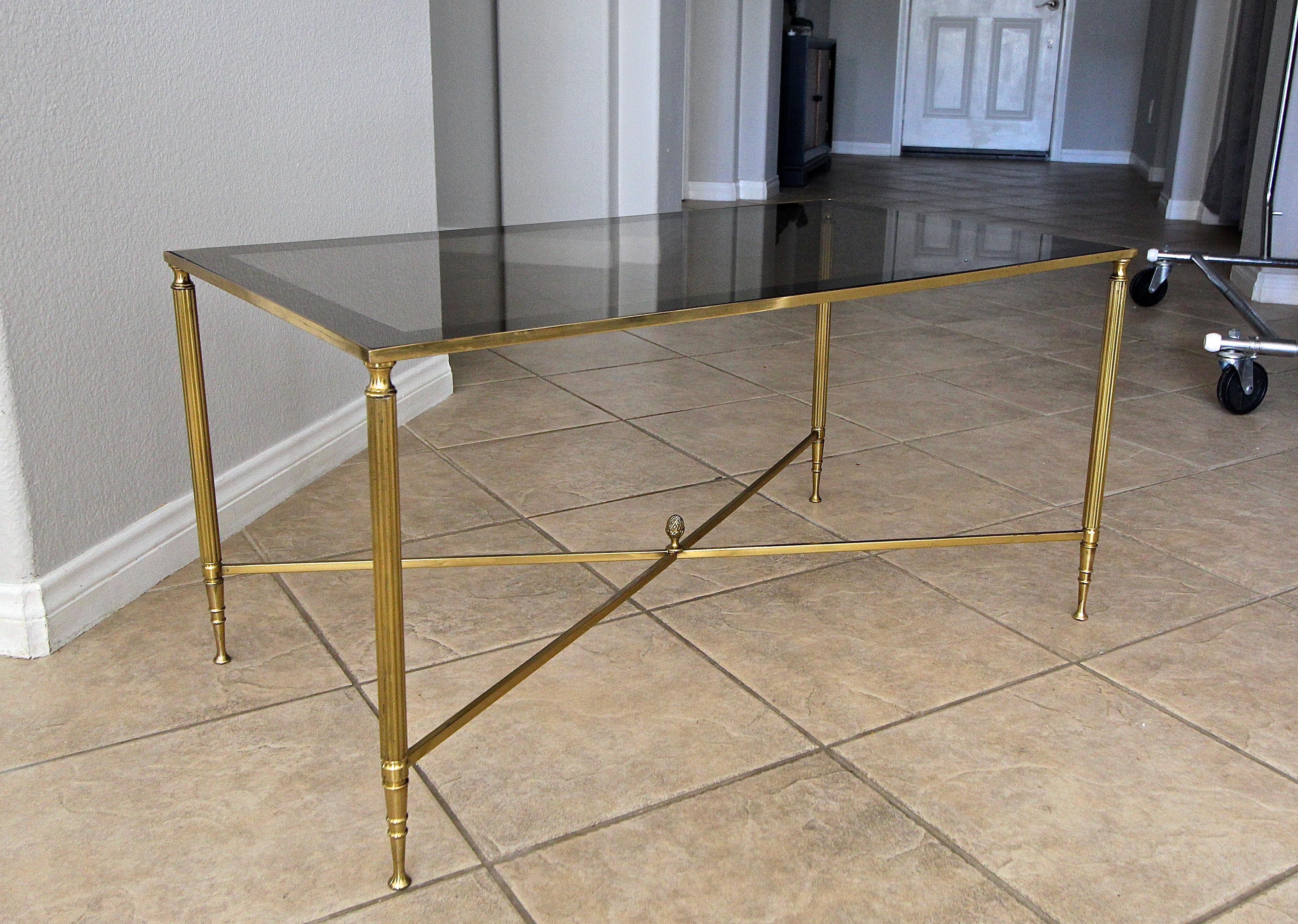 French Brass X Base Coffee Cocktail Table For Sale 1