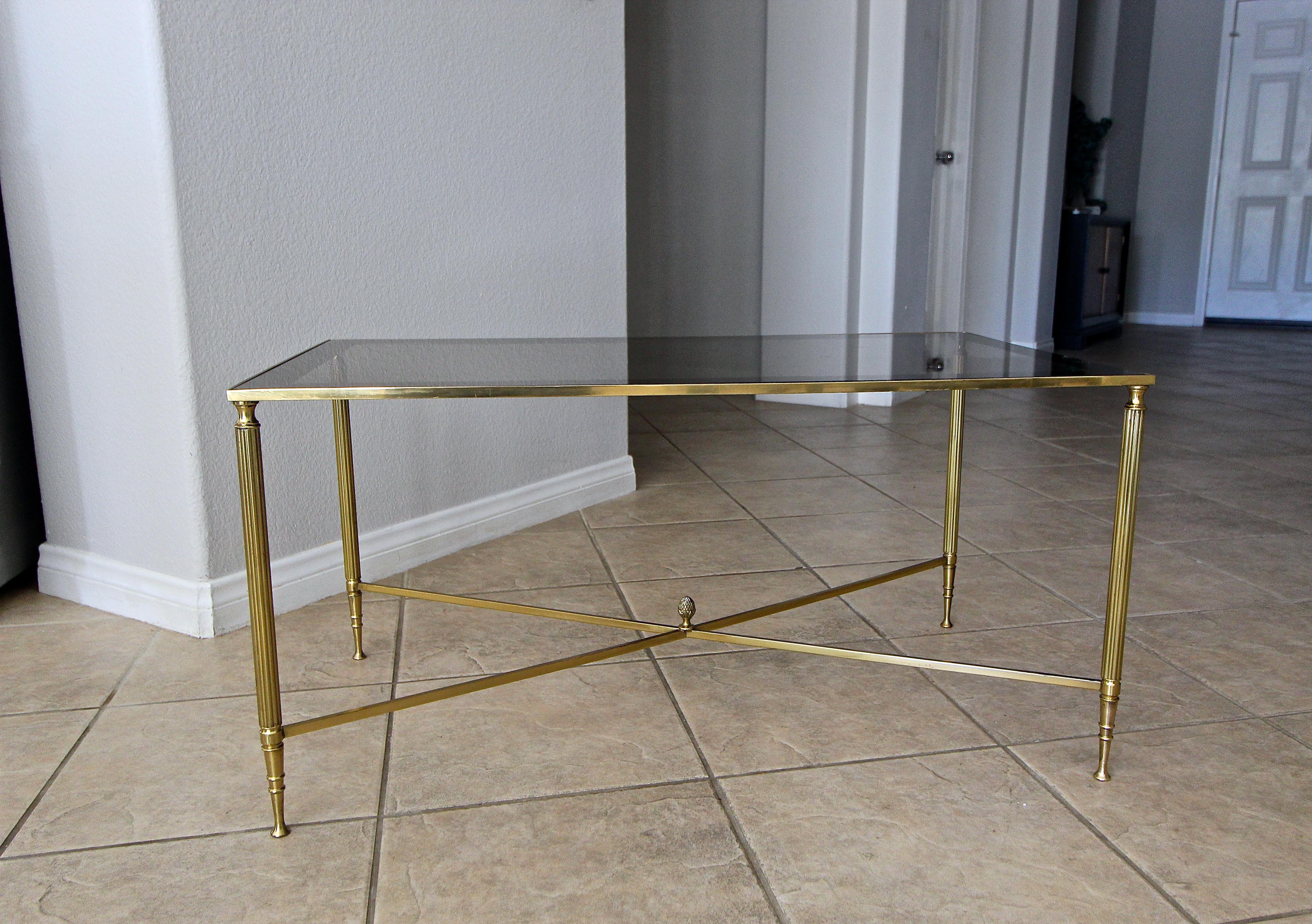 French Brass X Base Coffee Cocktail Table For Sale 2