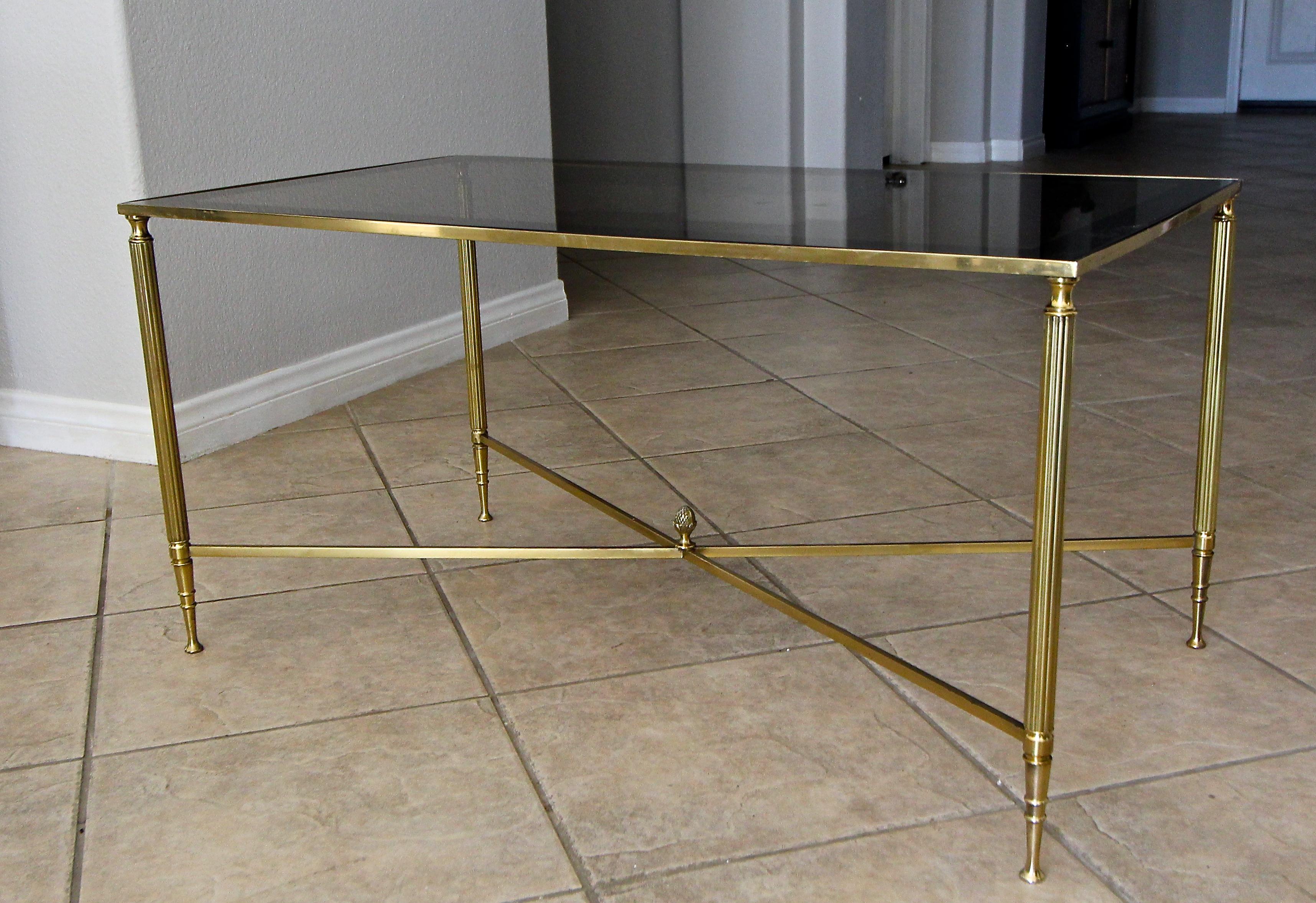 French Brass X Base Coffee Cocktail Table For Sale 3