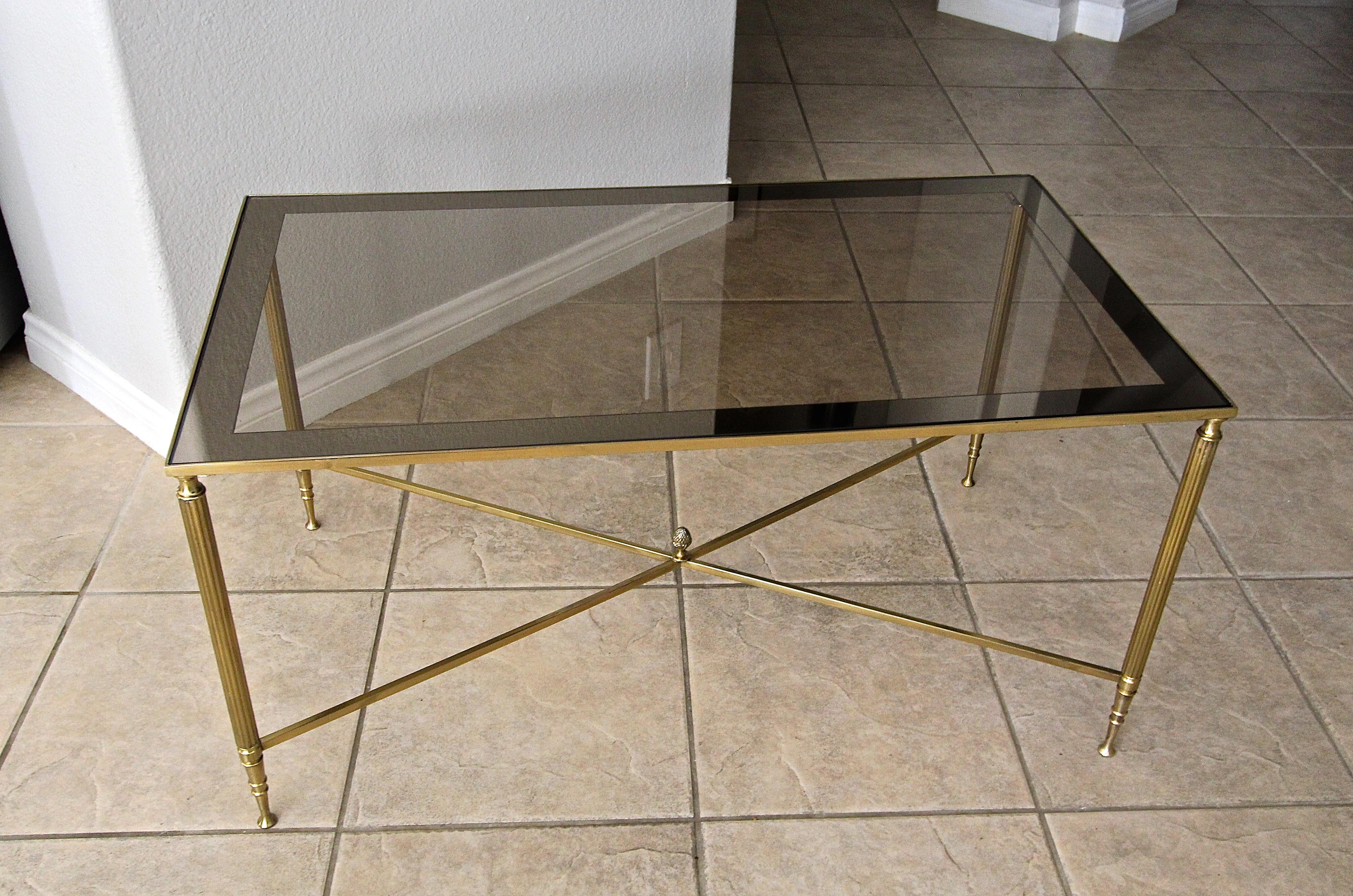 French Brass X Base Coffee Cocktail Table For Sale 4