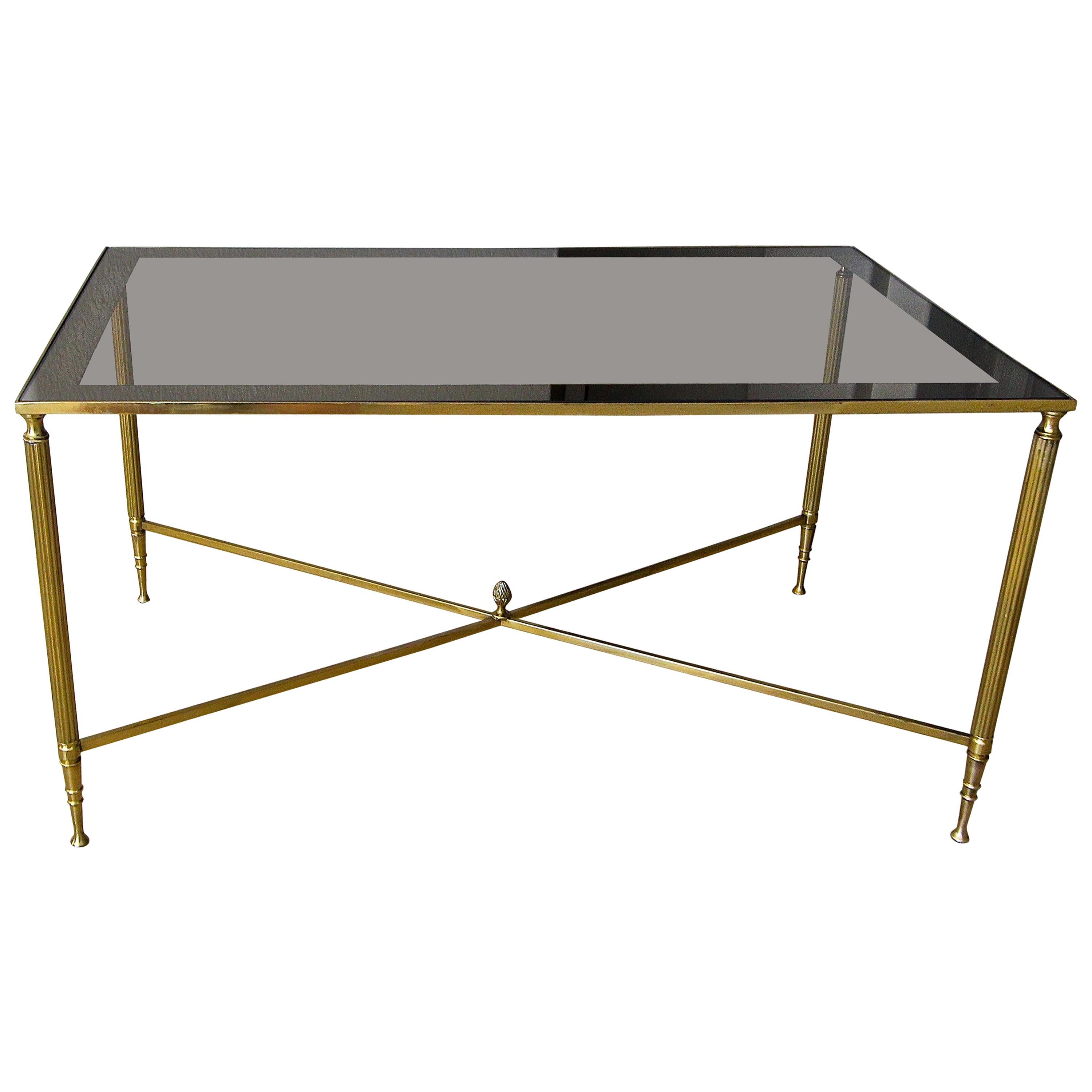 French Brass X Base Coffee Cocktail Table For Sale