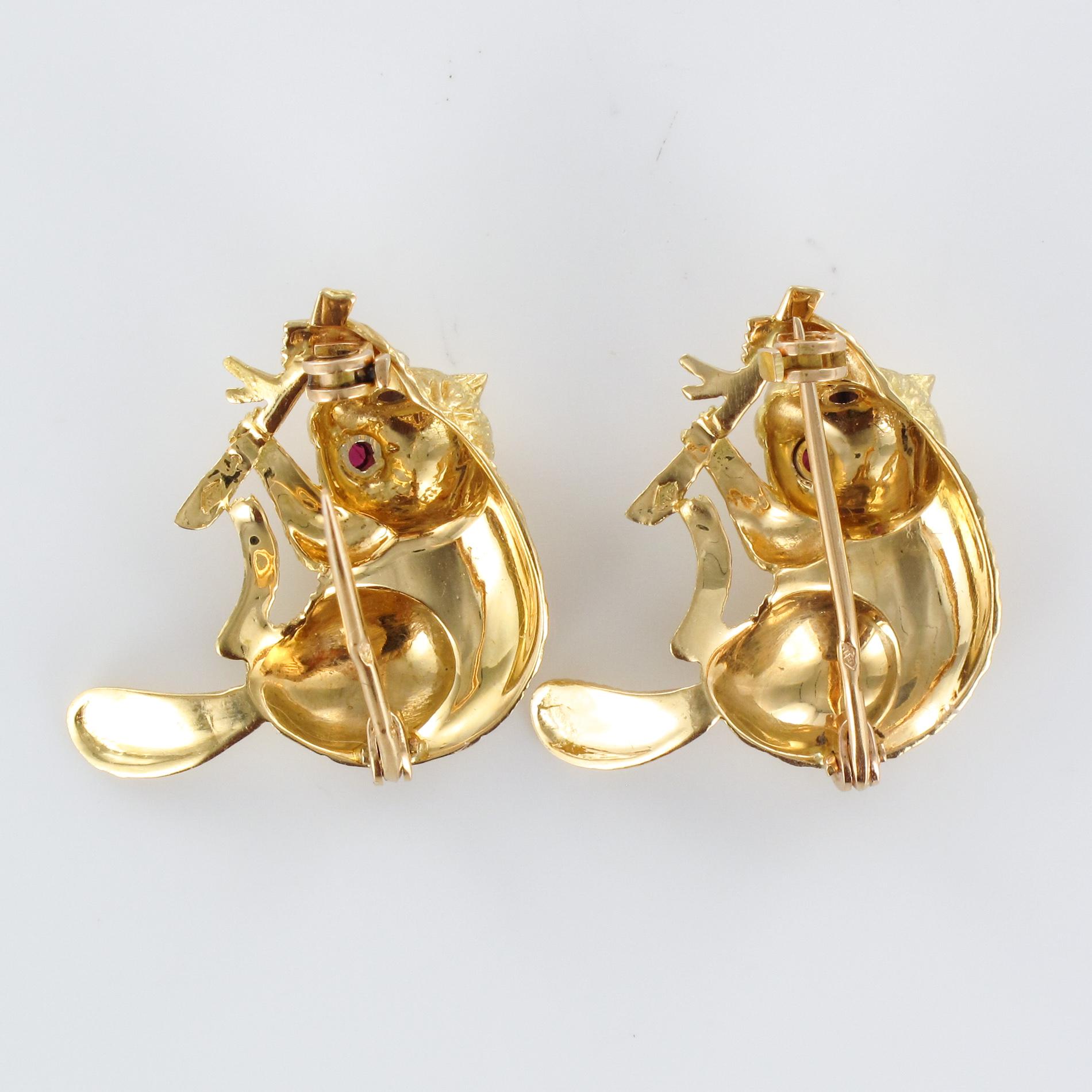 Paar französische Braun-Broschen, Rubin 18 Karat Gelbgold Perlen, 1950er Jahre im Angebot 9