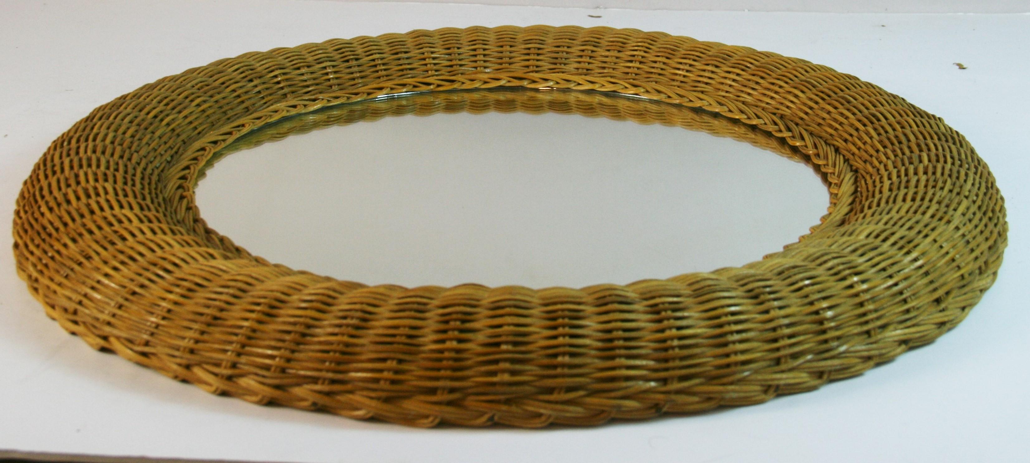 French Breaded Round Wicker Mirror For Sale 1