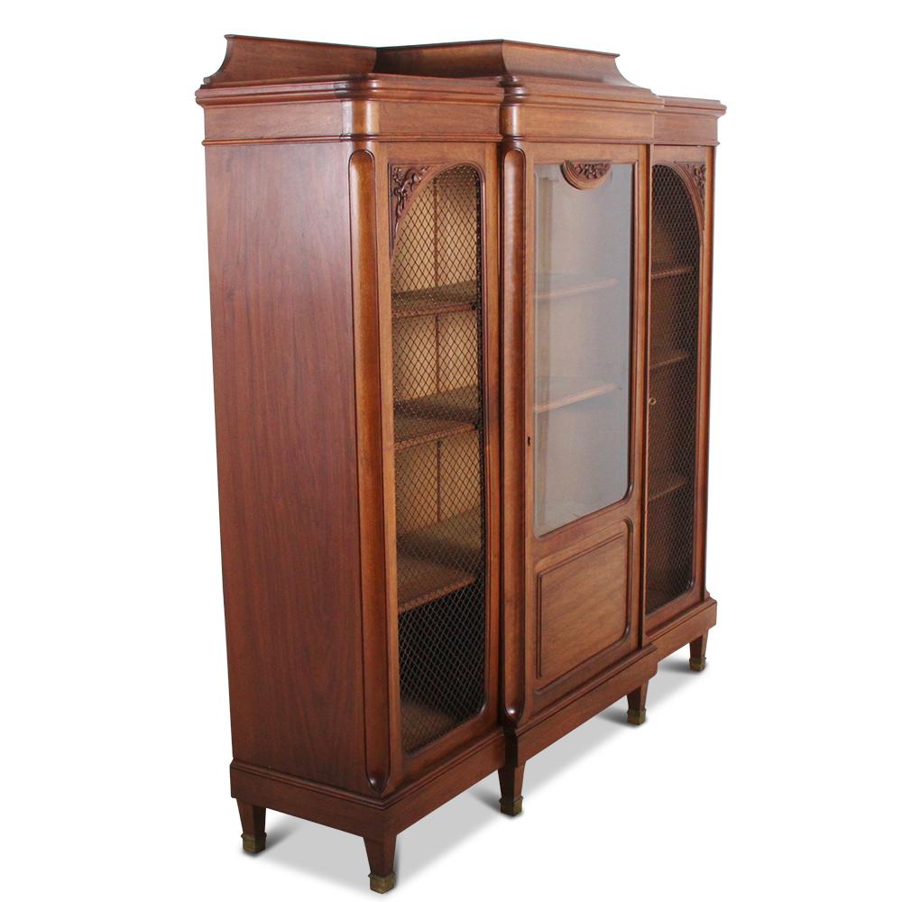 Art Nouveau French Breakfront Walnut Bookcase with Bevelled Glass