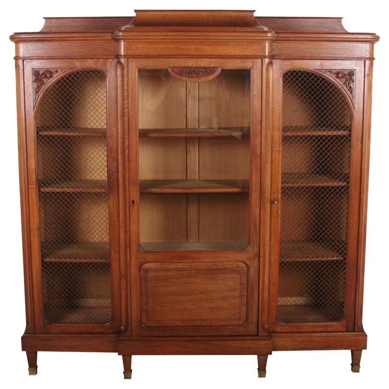 French Breakfront Walnut Bookcase with Bevelled Glass